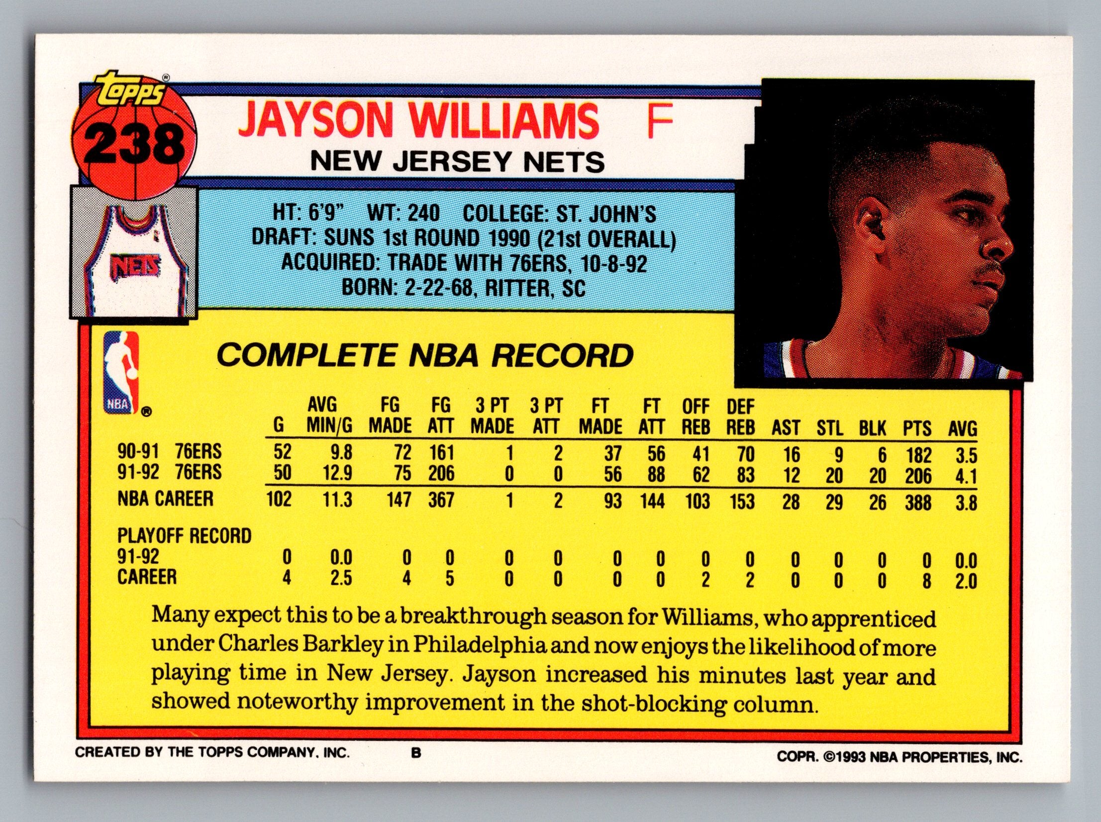 1992-93 Topps #238 Jayson Williams