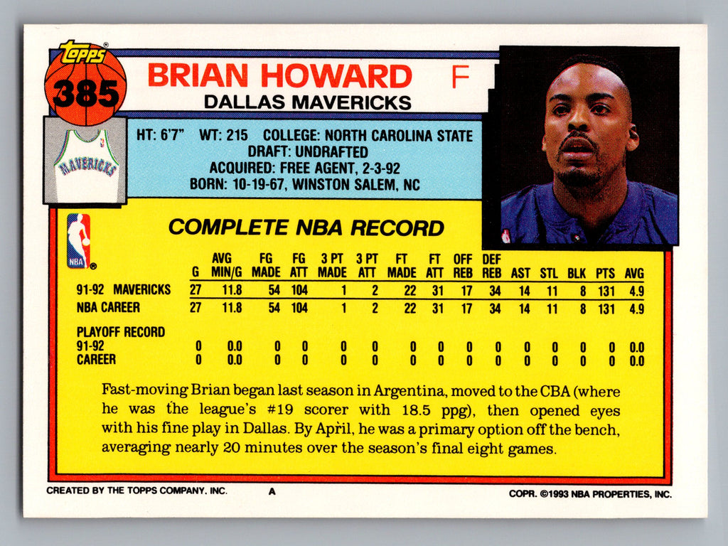 1992-93 Topps #385 Brian Howard