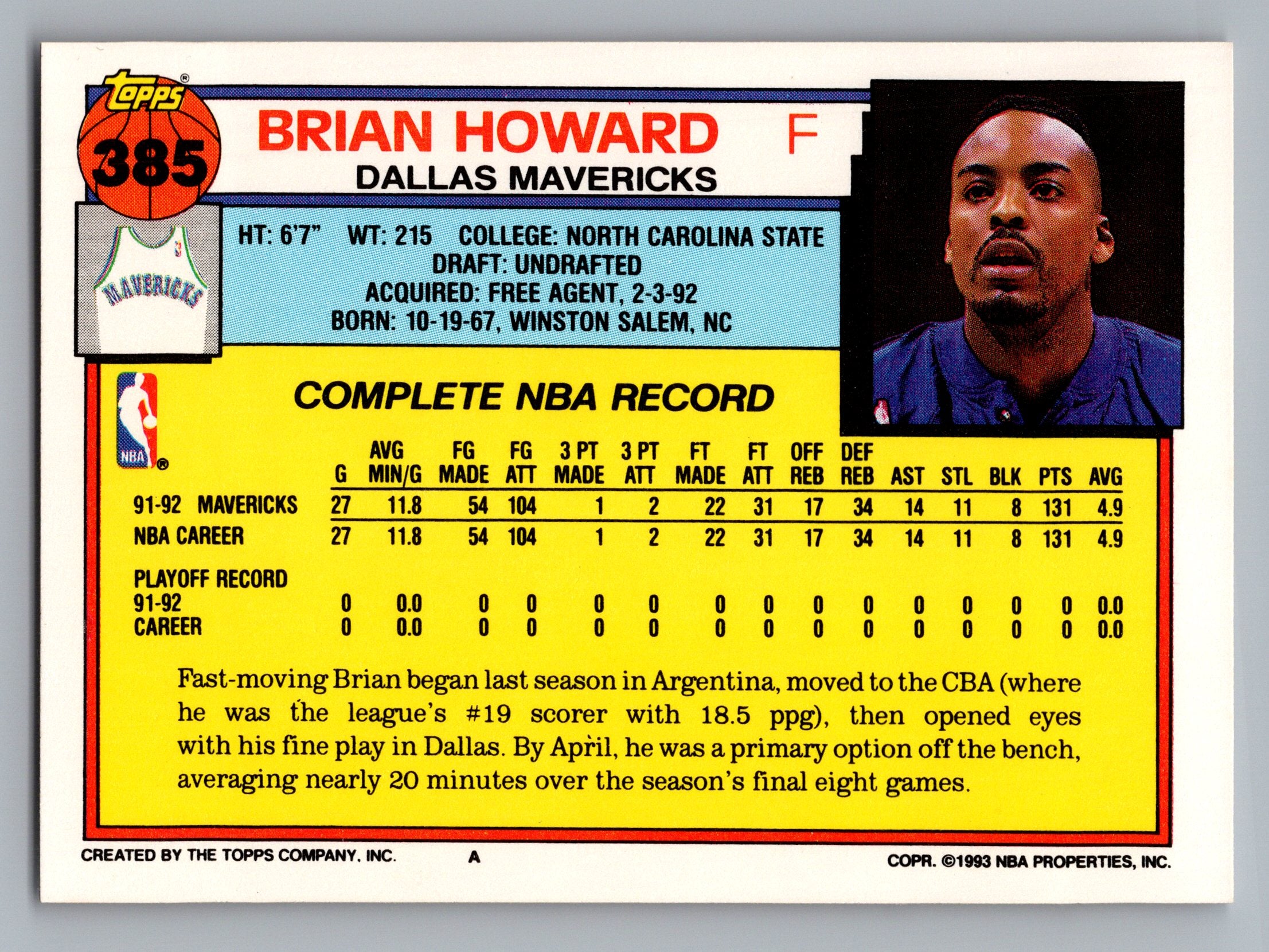 1992-93 Topps #385 Brian Howard