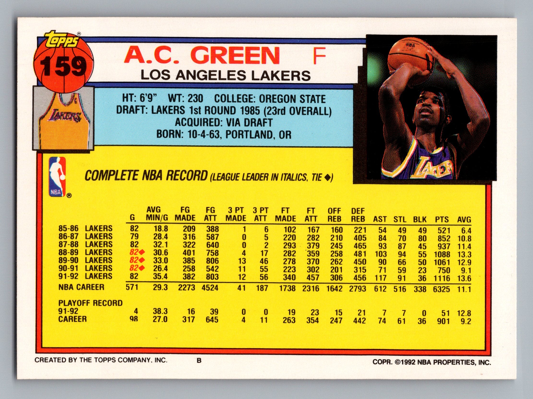 1992-93 Topps #159 A.C. Green