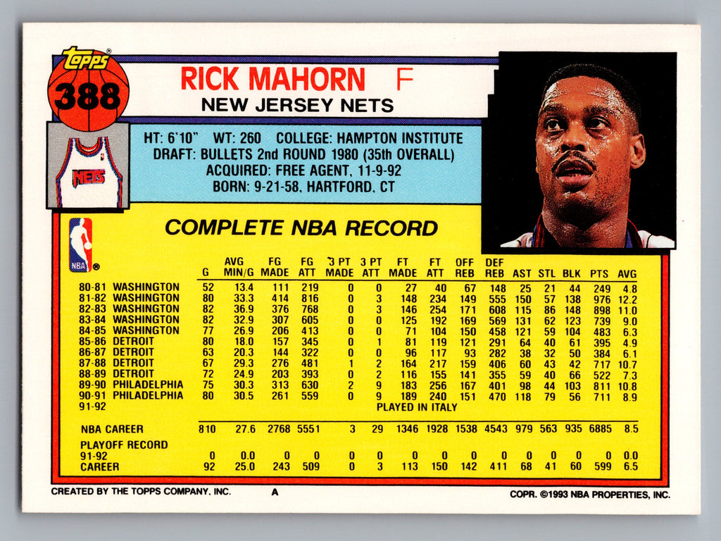 1992-93 Topps #388 Rick Mahorn