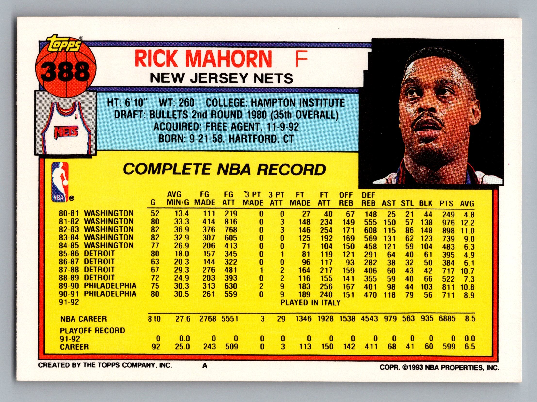 1992-93 Topps #388 Rick Mahorn