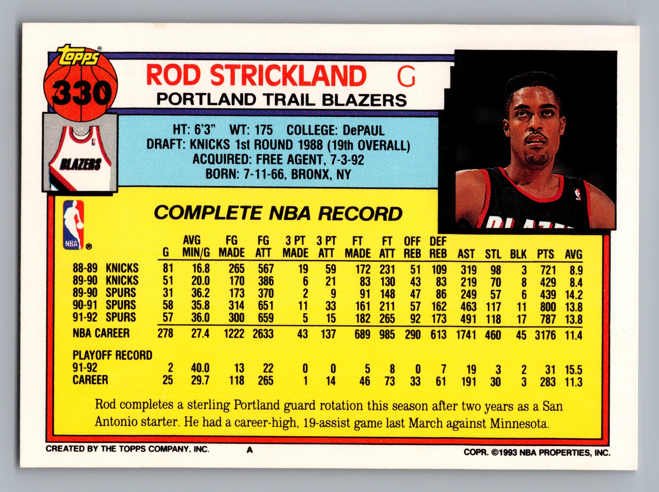 1992-93 Topps #330 Rod Strickland
