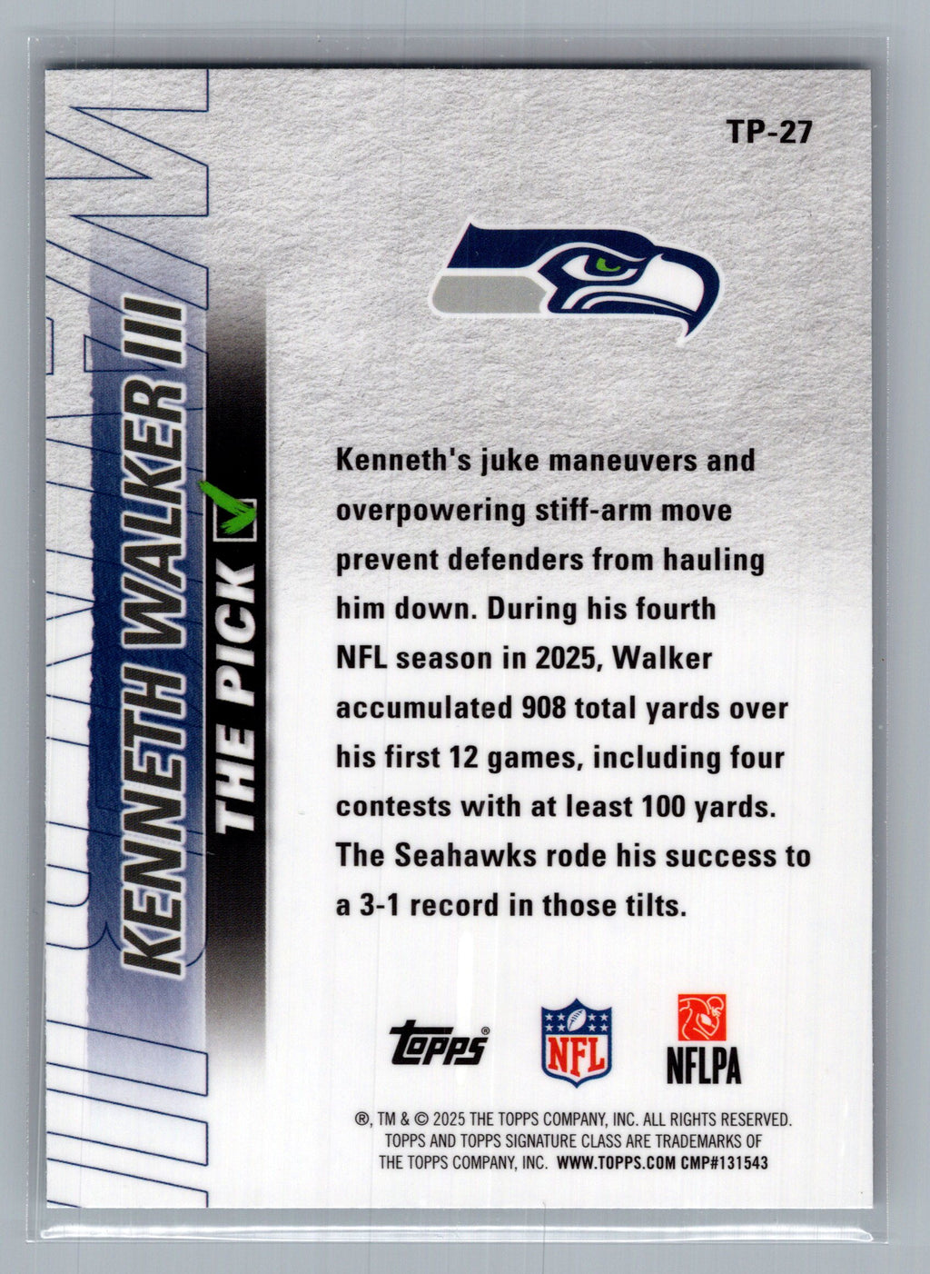 2025 Topps Signature Class #TP-27 Kenneth Walker III The Pick