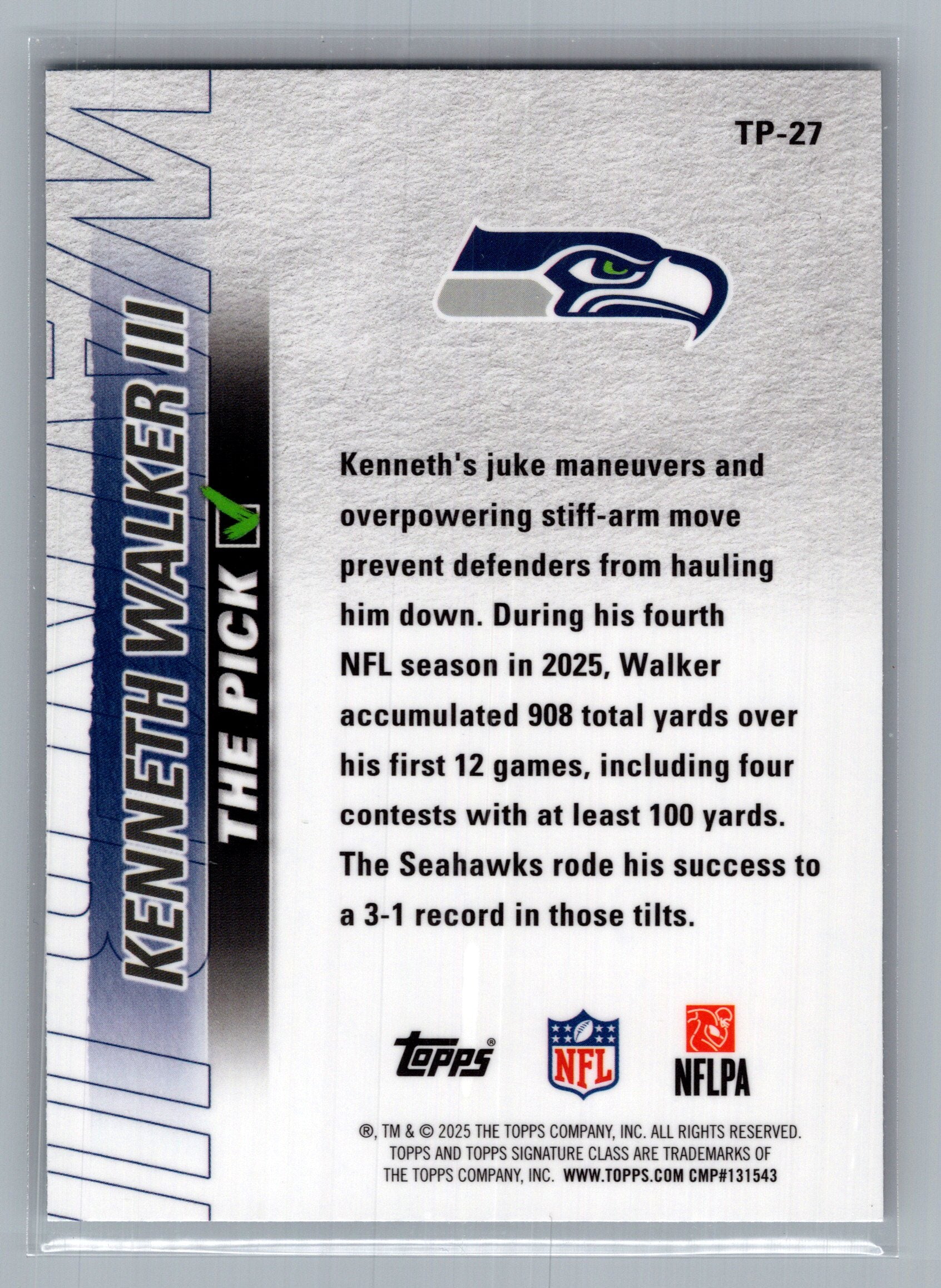 2025 Topps Signature Class #TP-27 Kenneth Walker III The Pick