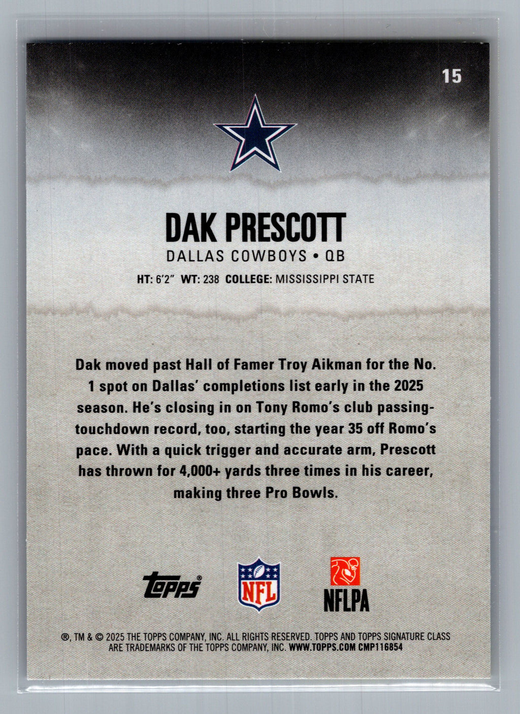 2025 Topps Signature Class #15 Dak Prescott Blue & Yellow