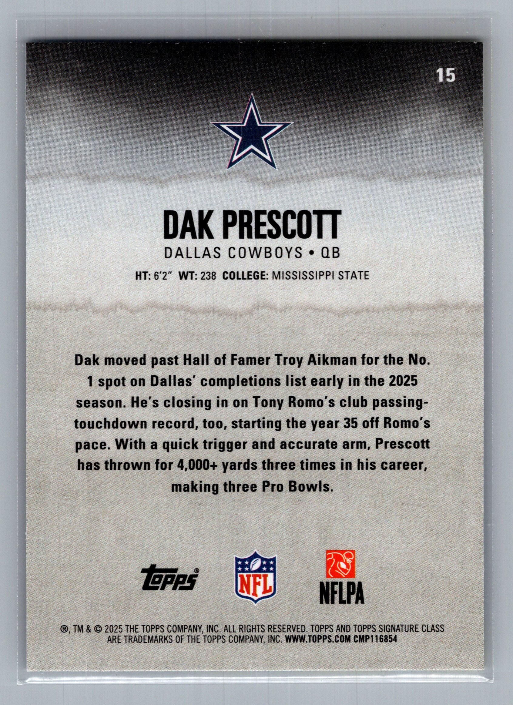 2025 Topps Signature Class #15 Dak Prescott Blue & Yellow