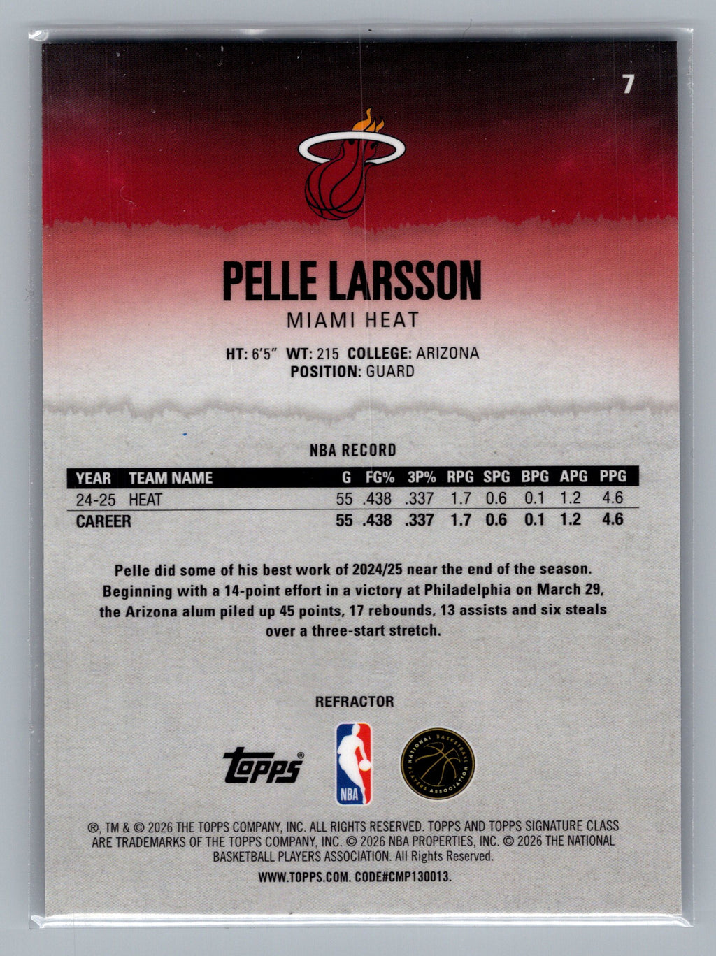 2025-26 Topps Signature Class #7 Pelle Larsson Chrome