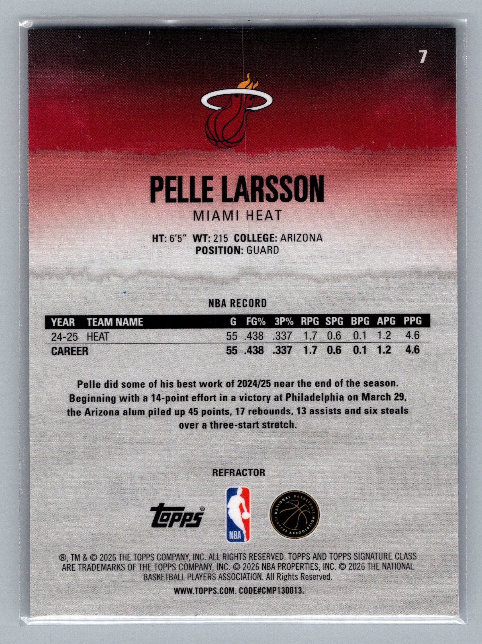 2025-26 Topps Signature Class #7 Pelle Larsson Chrome