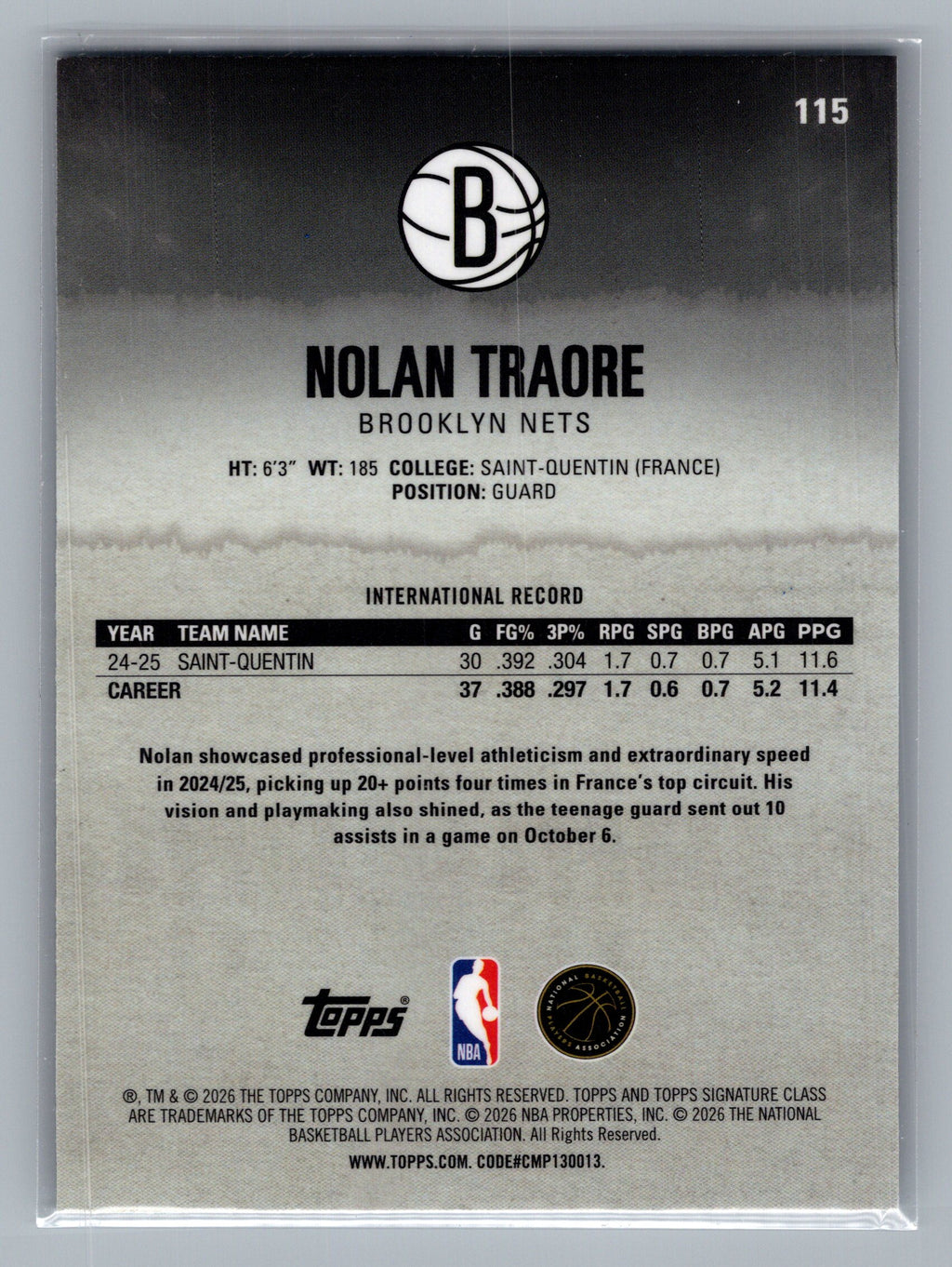 2025-26 Topps Signature Class #115 Nolan Traore Chrome