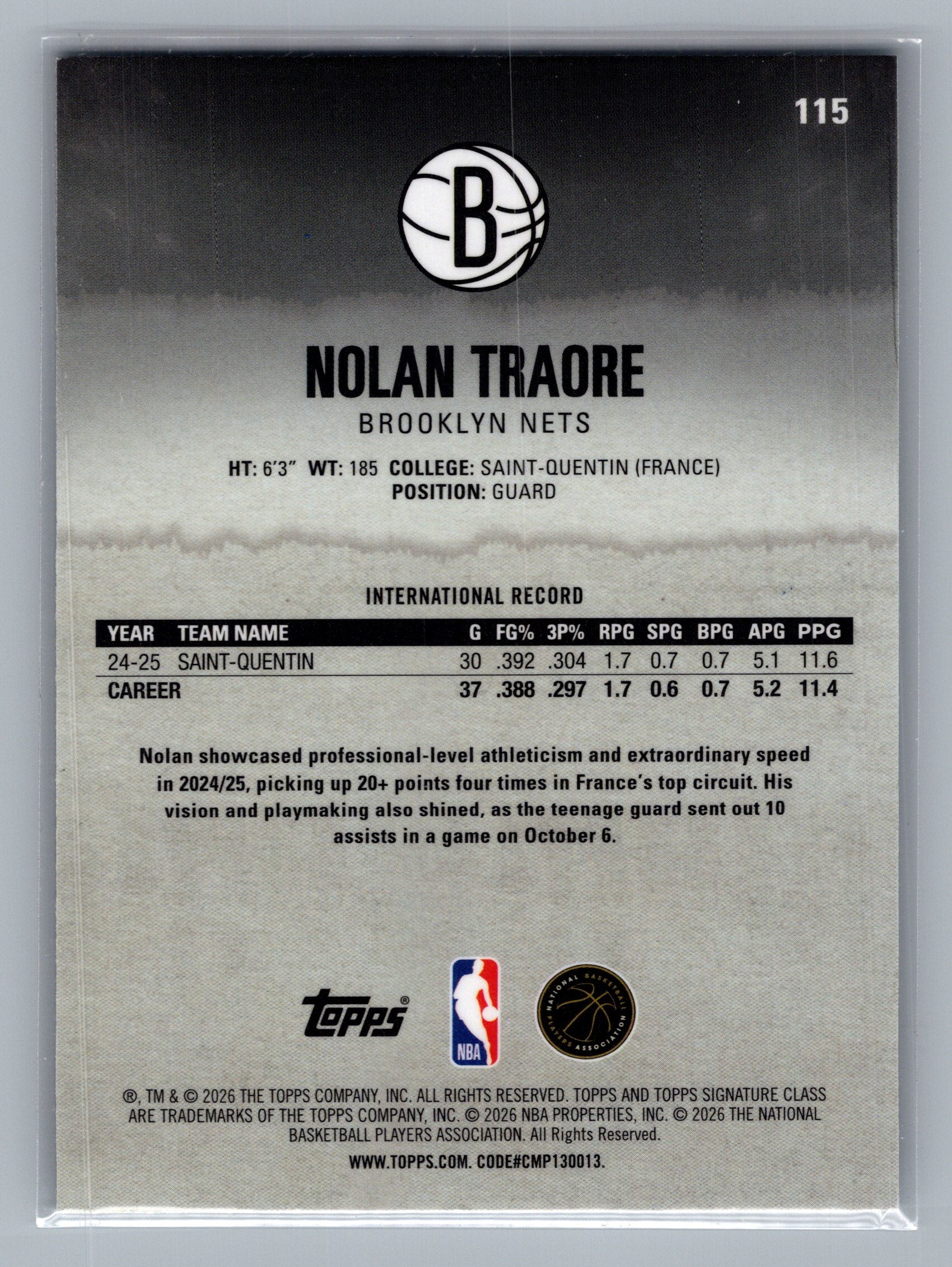 2025-26 Topps Signature Class #115 Nolan Traore Chrome