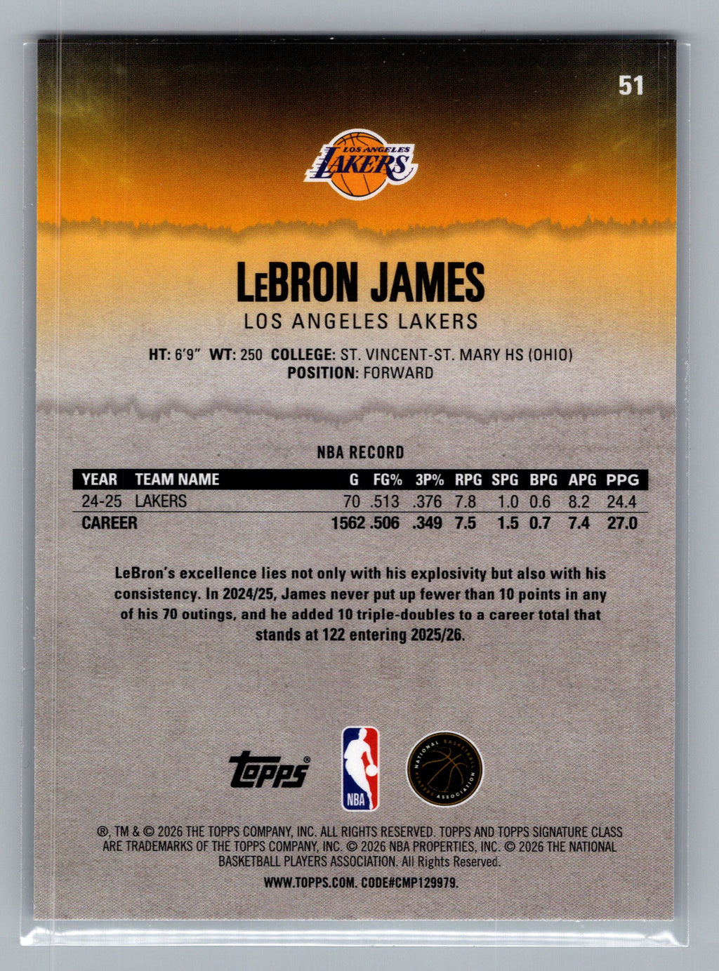 2025-26 Topps Signature Class #51 LeBron James