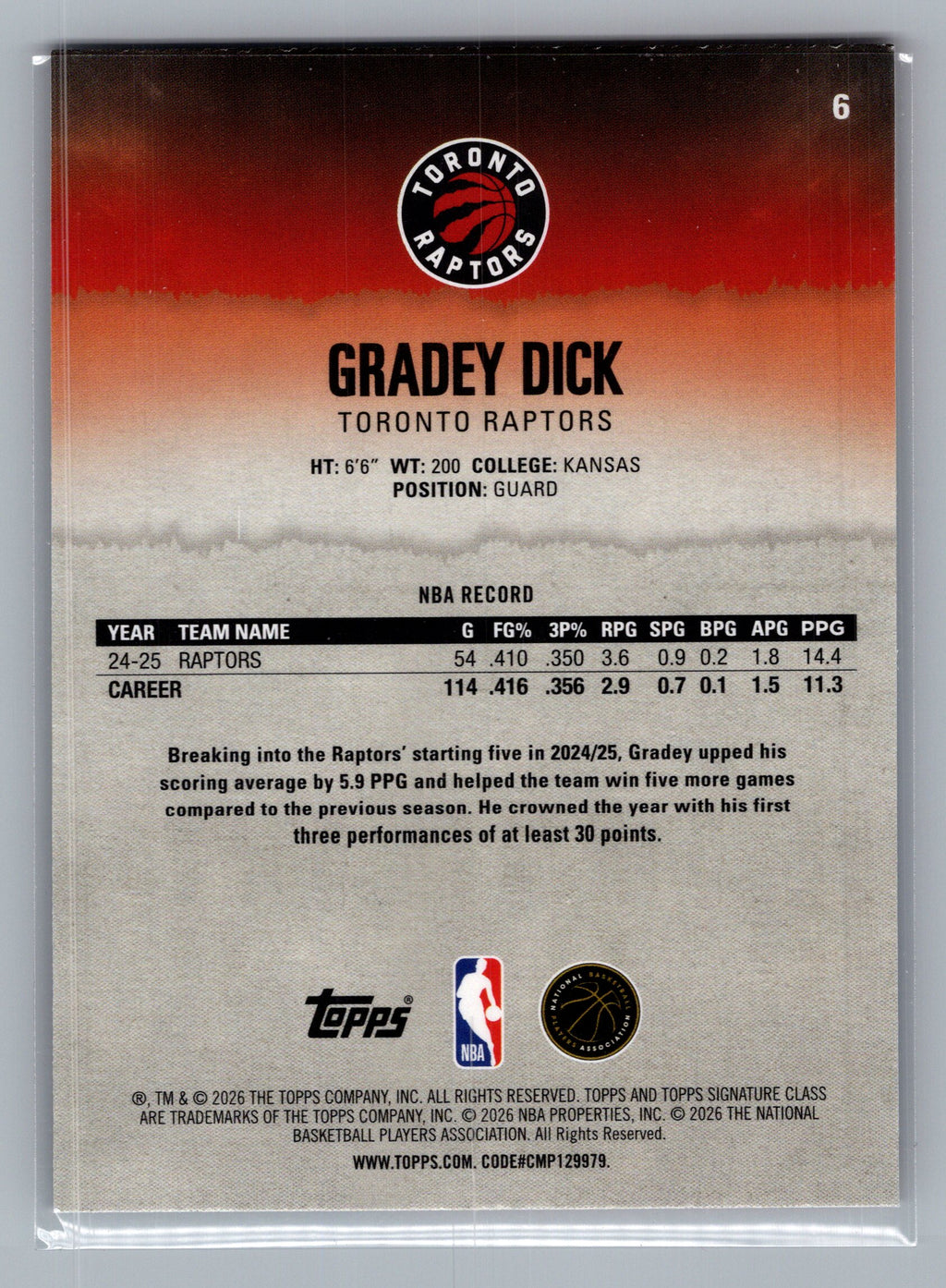 2025-26 Topps Signature Class #6 Gradey Dick Blue & Orange