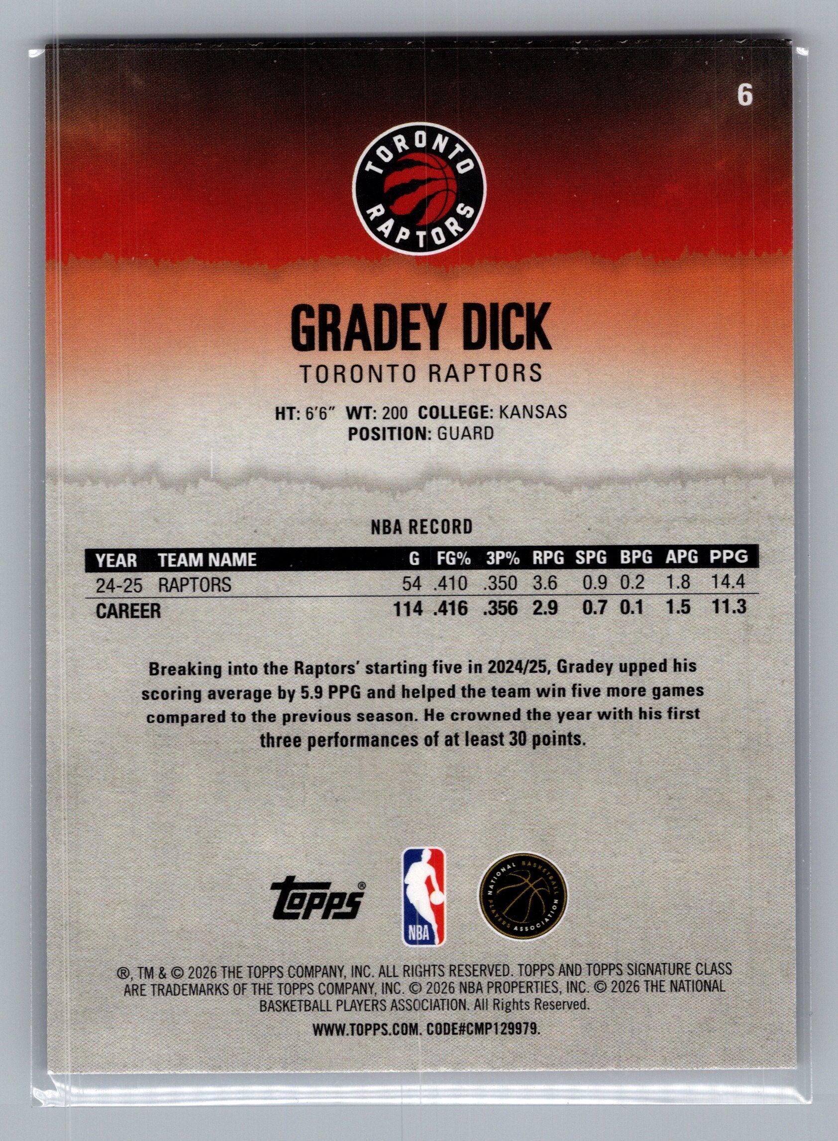 2025-26 Topps Signature Class #6 Gradey Dick Blue & Orange