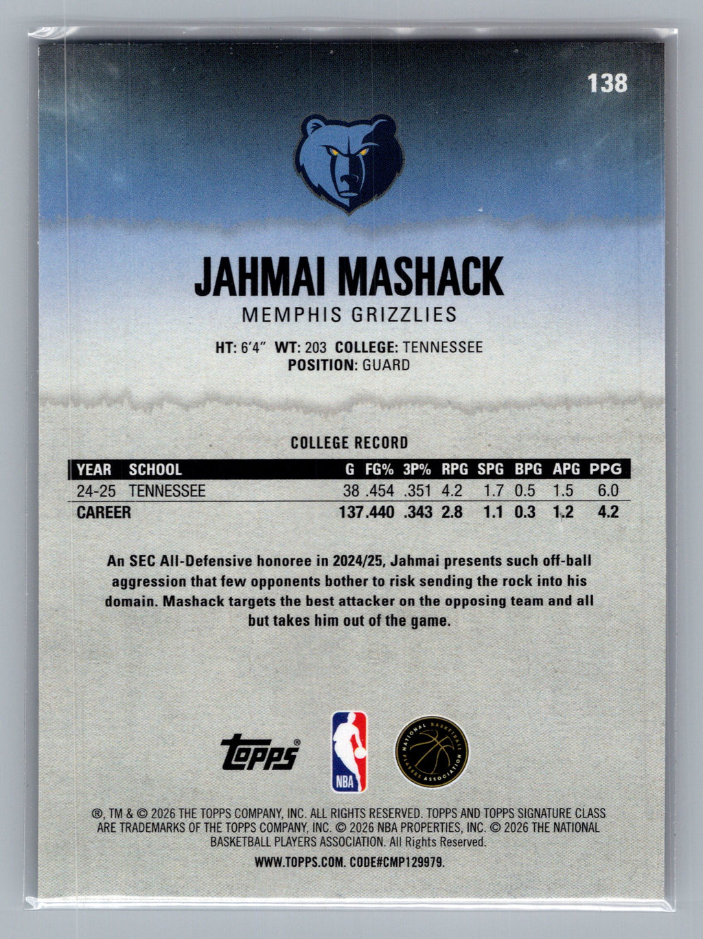 2025-26 Topps Signature Class #138 Jahmai Mashack Blue & Orange