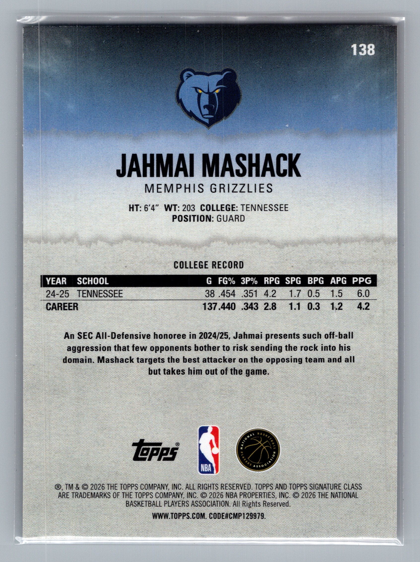 2025-26 Topps Signature Class #138 Jahmai Mashack Blue & Orange