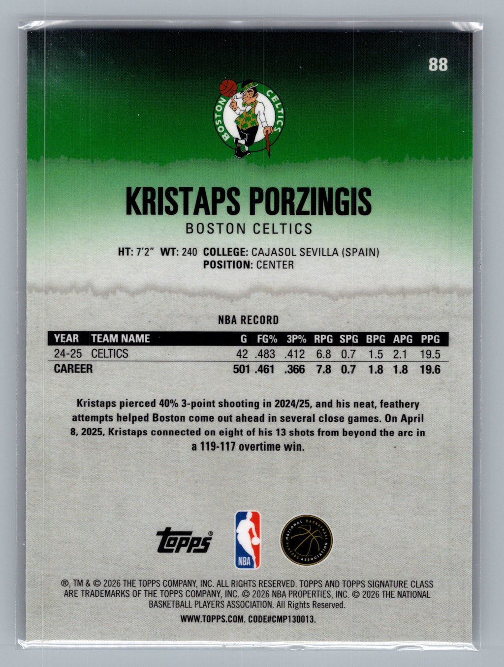 2025-26 Topps Signature Class #88 Kristaps Porzingis Chrome