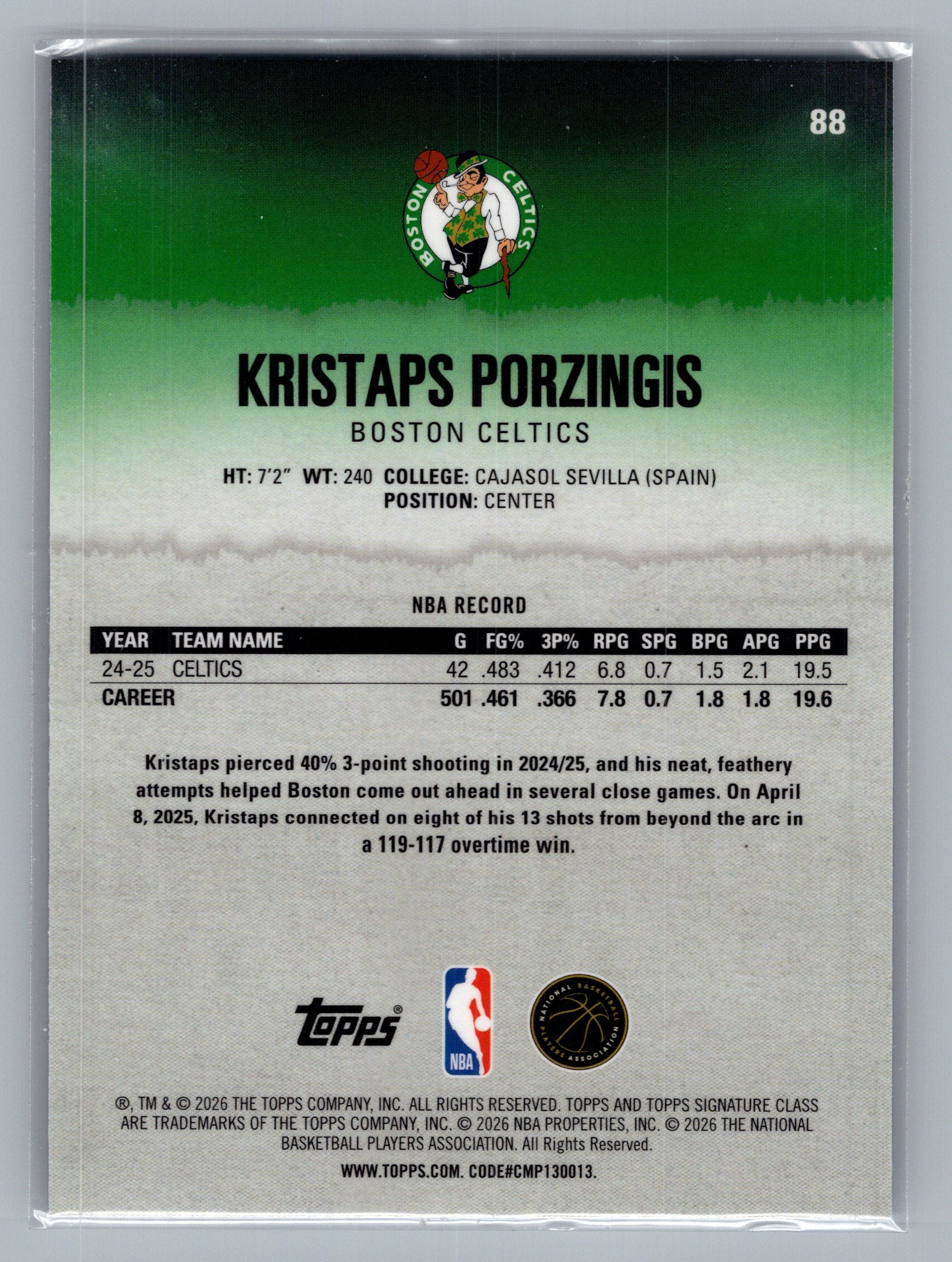 2025-26 Topps Signature Class #88 Kristaps Porzingis Chrome