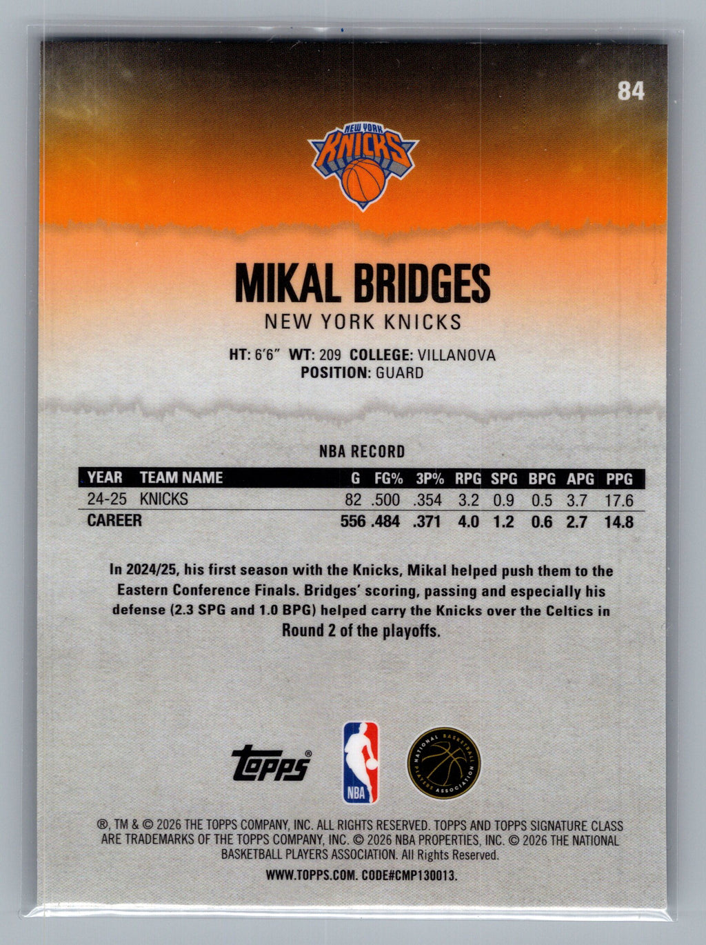 2025-26 Topps Signature Class #84 Mikal Bridges Chrome Pandora Refractors
