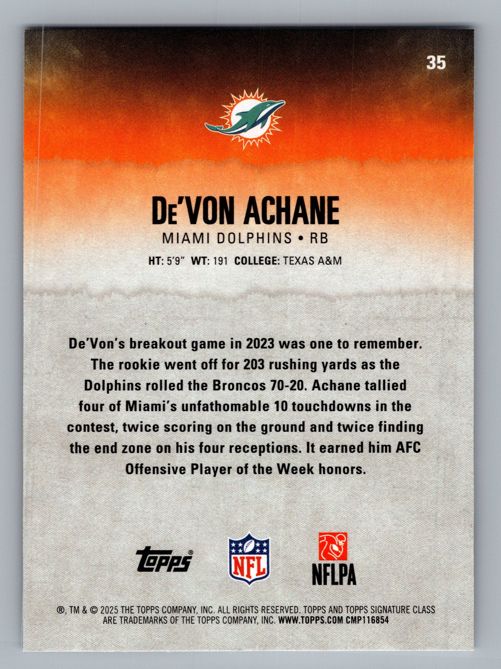2025 Topps Signature Class #35 De'Von Achane