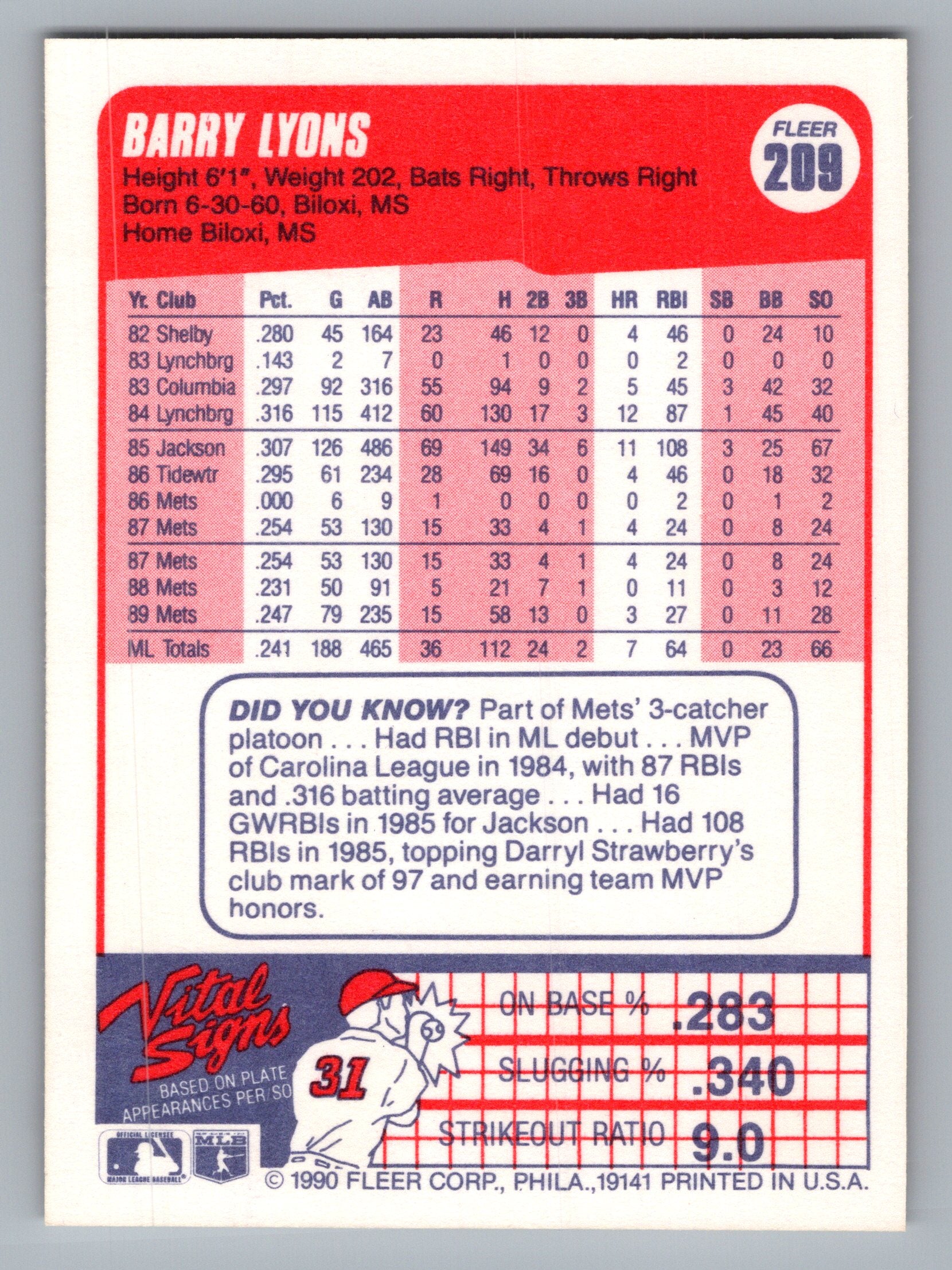1990 Fleer #209 Barry Lyons