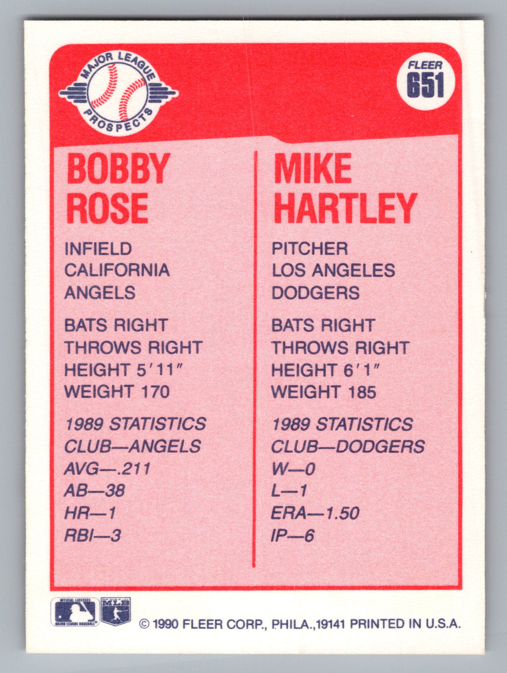 1990 Fleer #651 Bobby Rose / Mike Hartley