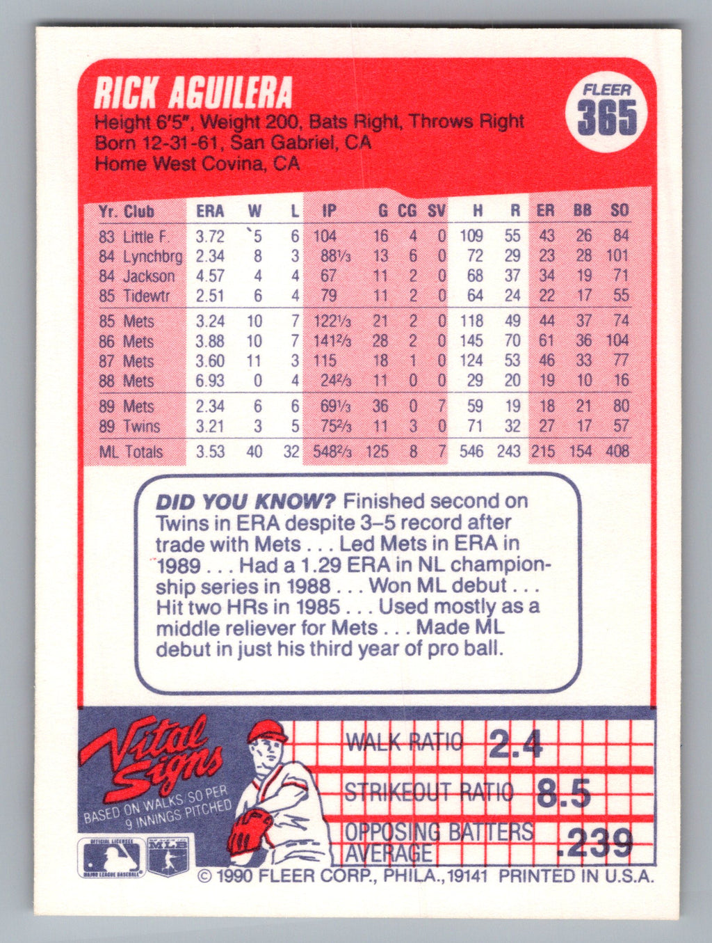 1990 Fleer #365 Rick Aguilera