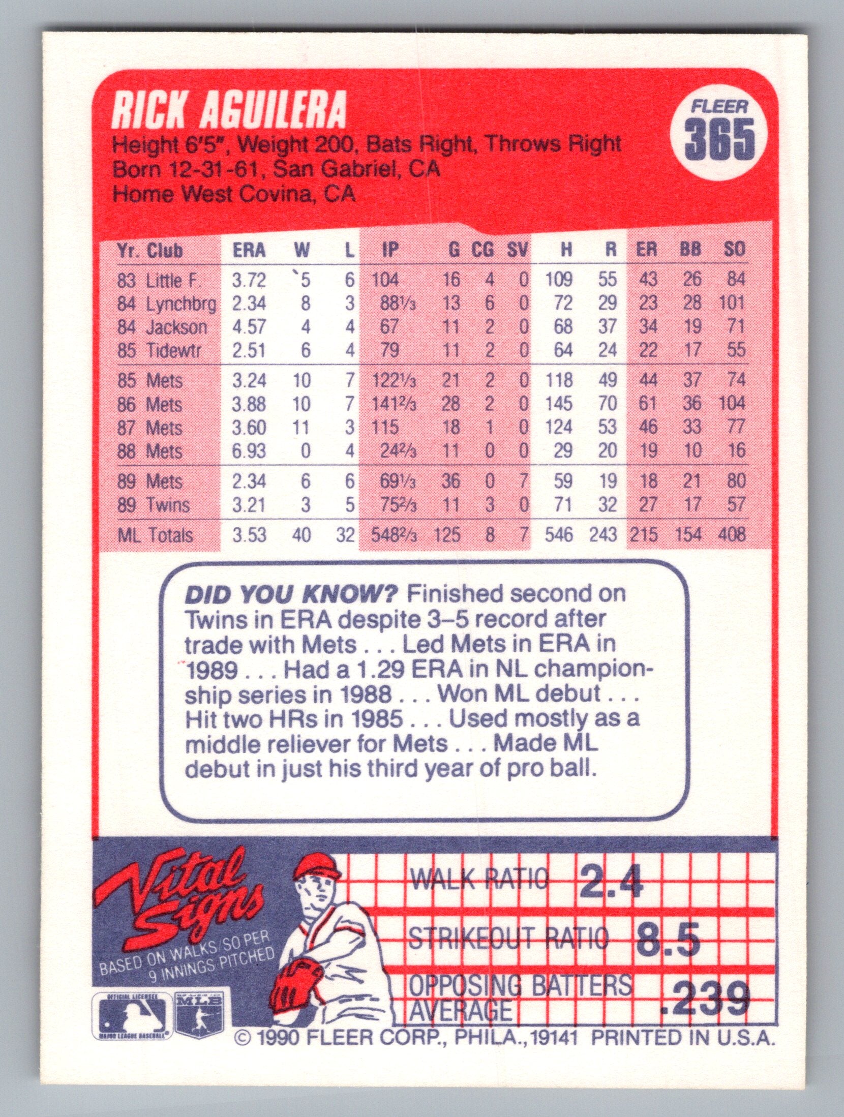 1990 Fleer #365 Rick Aguilera