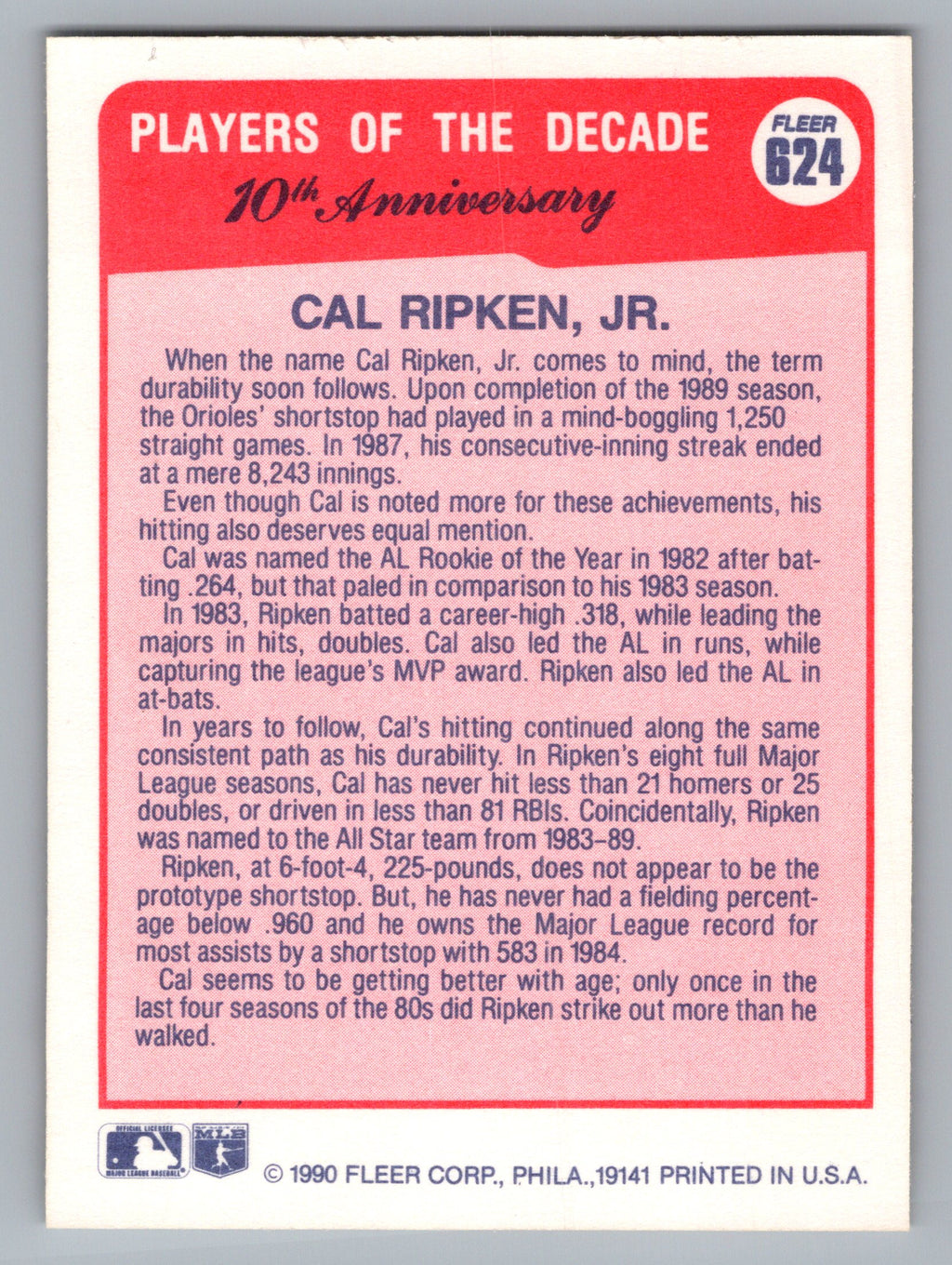 1990 Fleer #624 Cal Ripken, Jr.