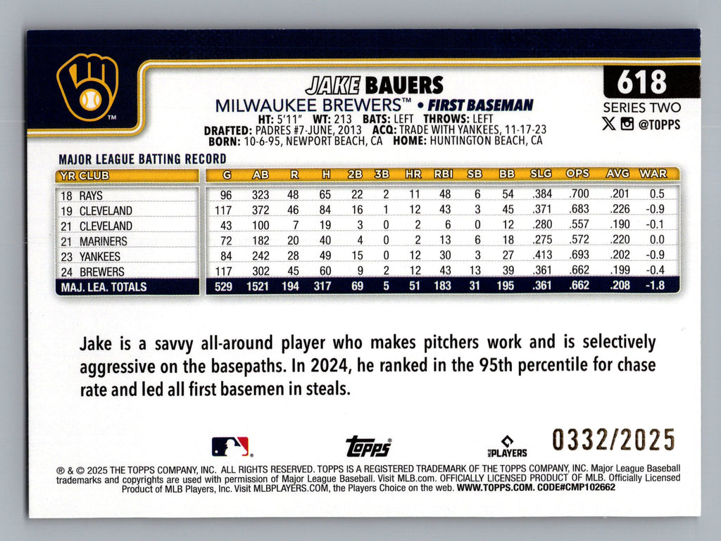 2025 Topps #618 Jake Bauers Gold #/2025