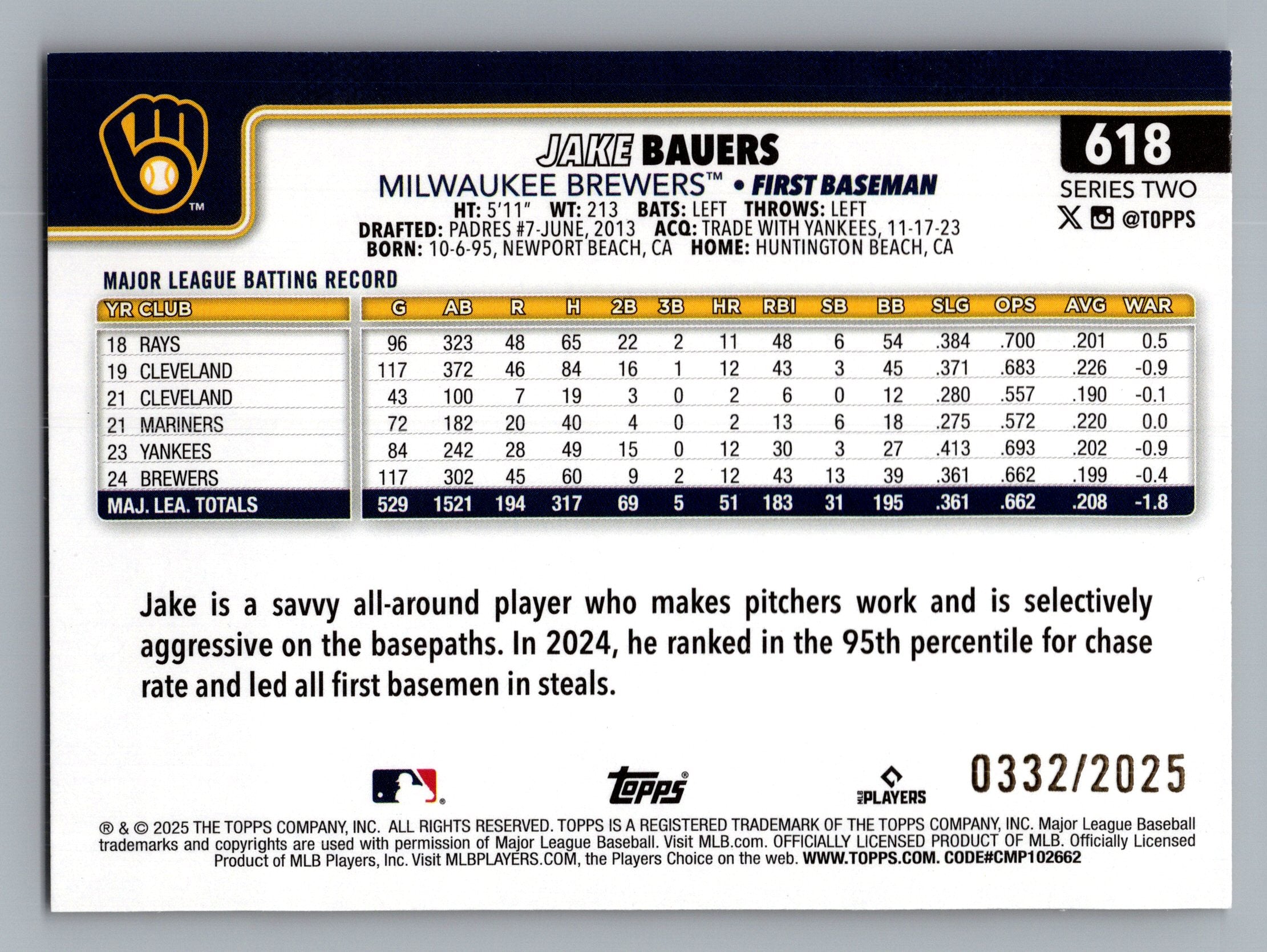 2025 Topps #618 Jake Bauers Gold #/2025
