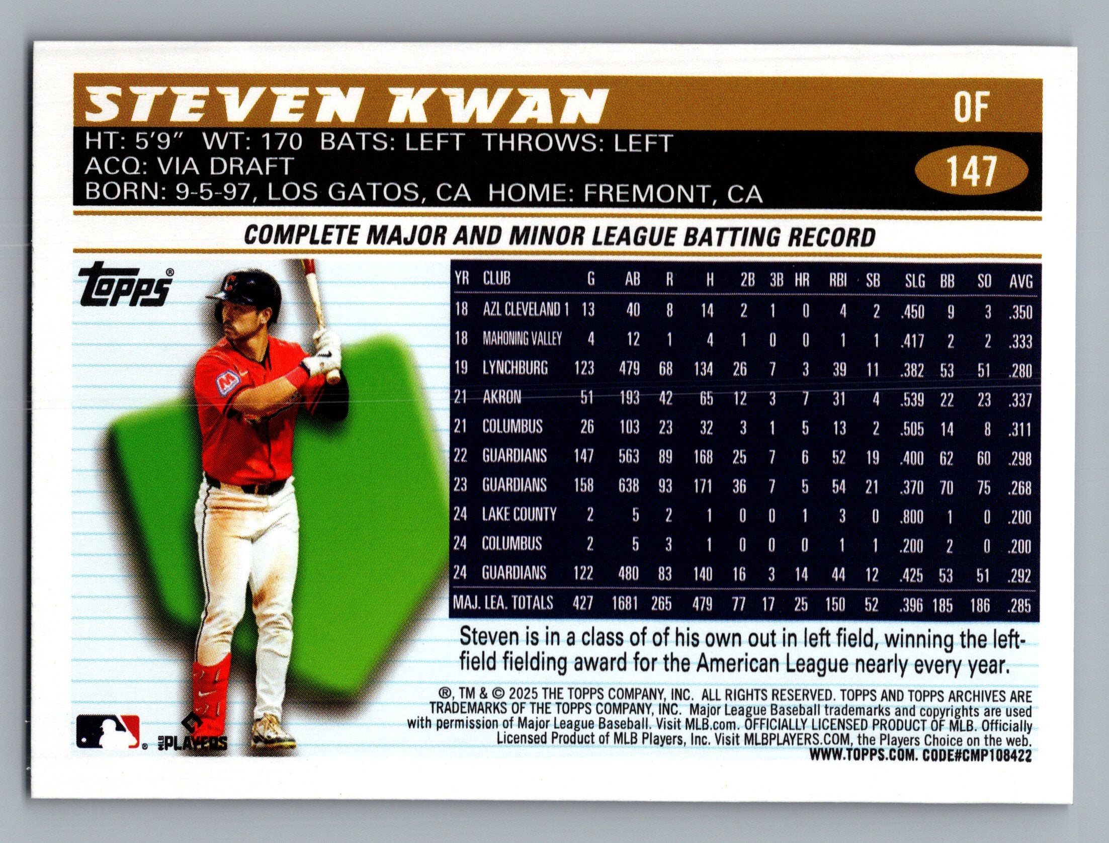 2025 Topps Archives #147 Steven Kwan Black Foilboard