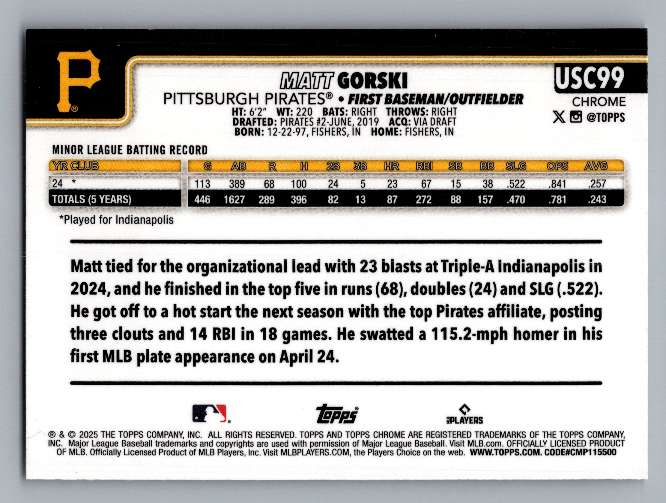 2025 Topps Chrome Update #USC99 Matt Gorski X-Fractors