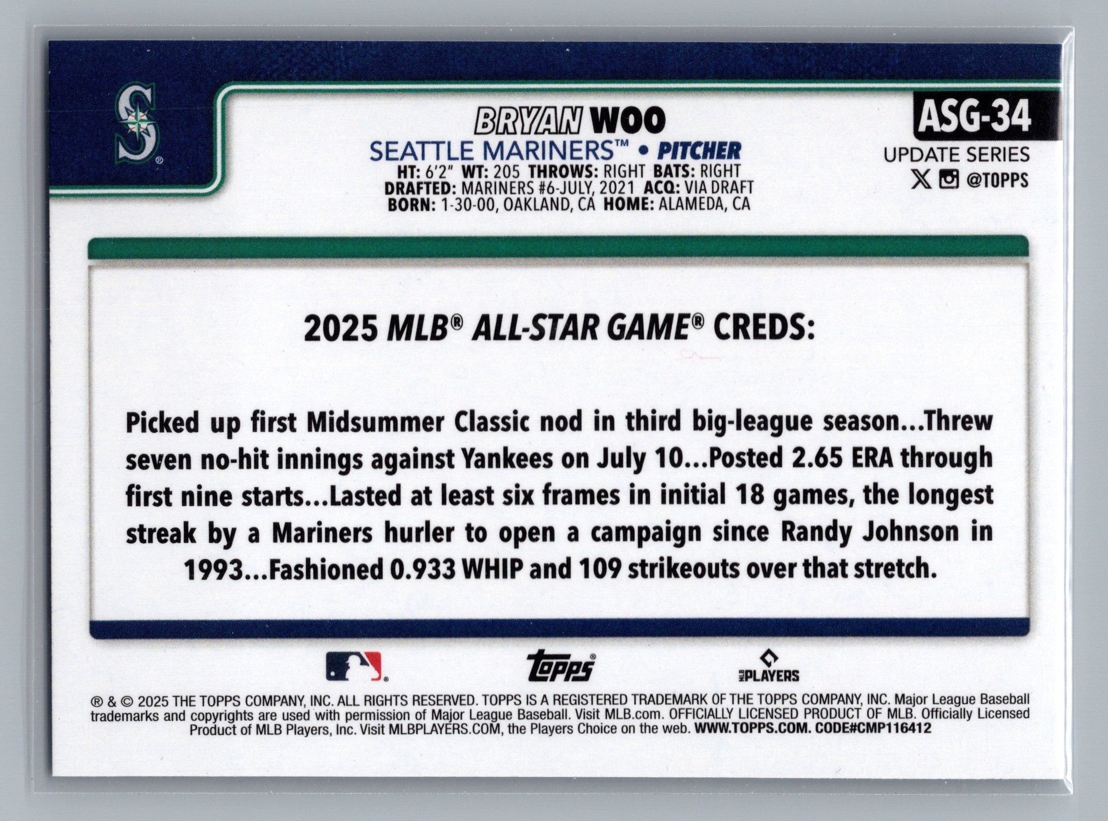 2025 Topps Update #ASG-34 Bryan Woo 2025 All-Star Game