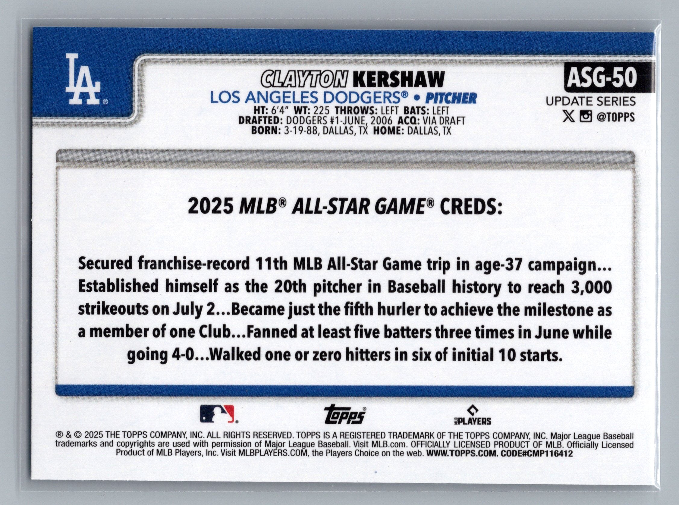 2025 Topps Update #ASG-50 Clayton Kershaw 2025 All-Star Game