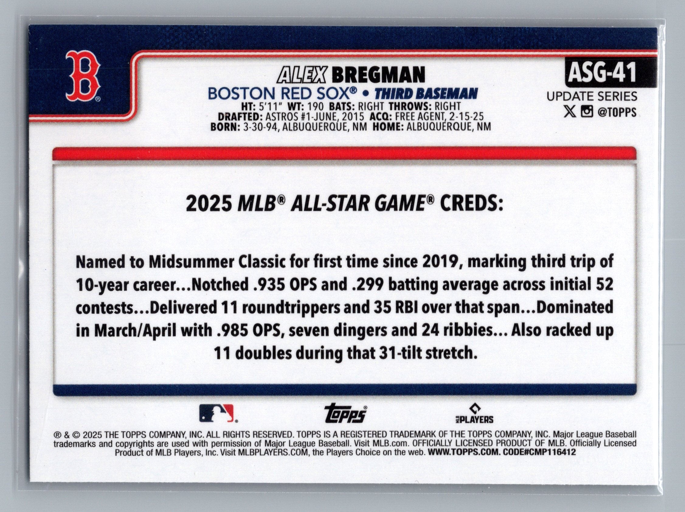 2025 Topps Update #ASG-41 Alex Bregman 2025 All-Star Game
