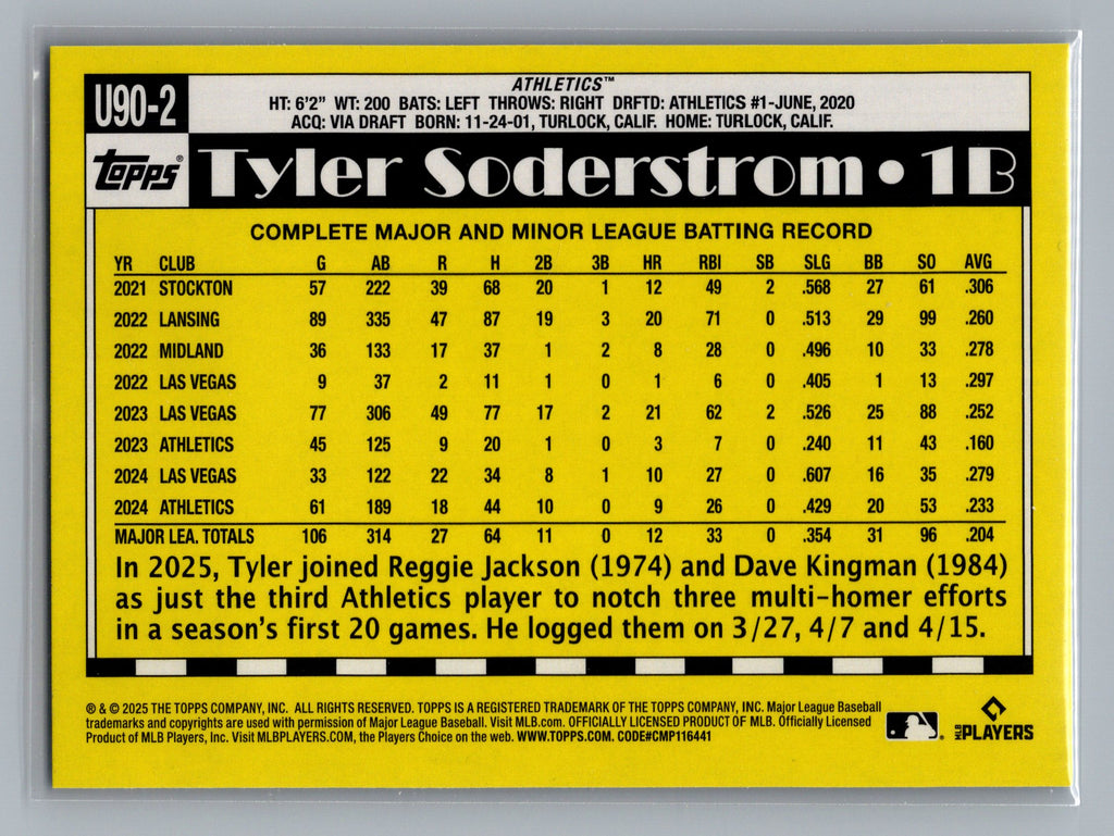 2025 Topps Update #U90-2 Tyler Soderstrom 1990 Topps Baseball 35th Anniversary
