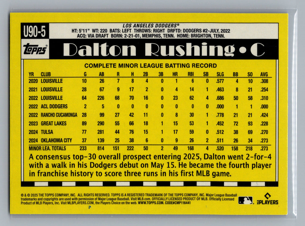 2025 Topps Update #U90-5 Dalton Rushing 1990 Topps Baseball 35th Anniversary