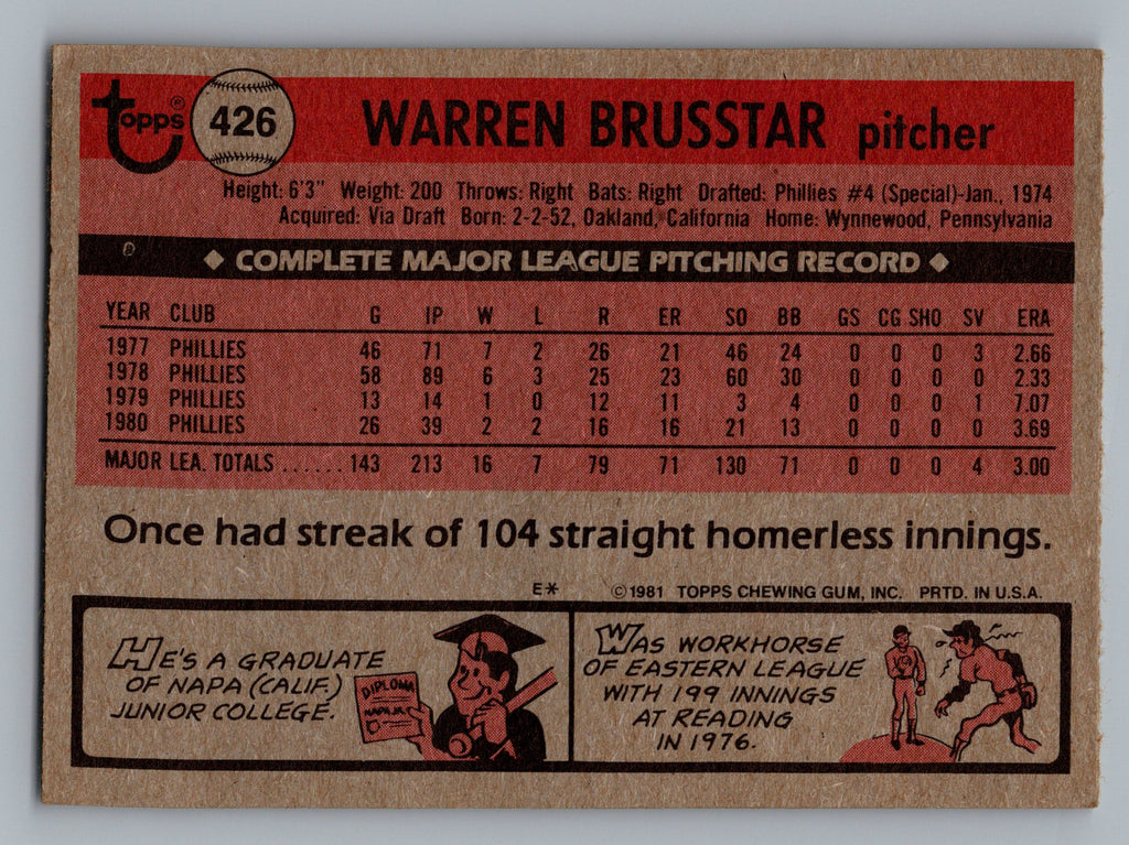 1981 Topps #426 Warren Brusstar