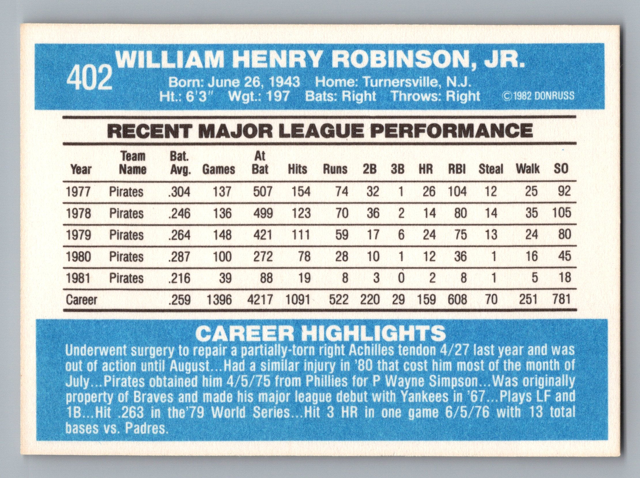 1982 Donruss #402 Bill Robinson