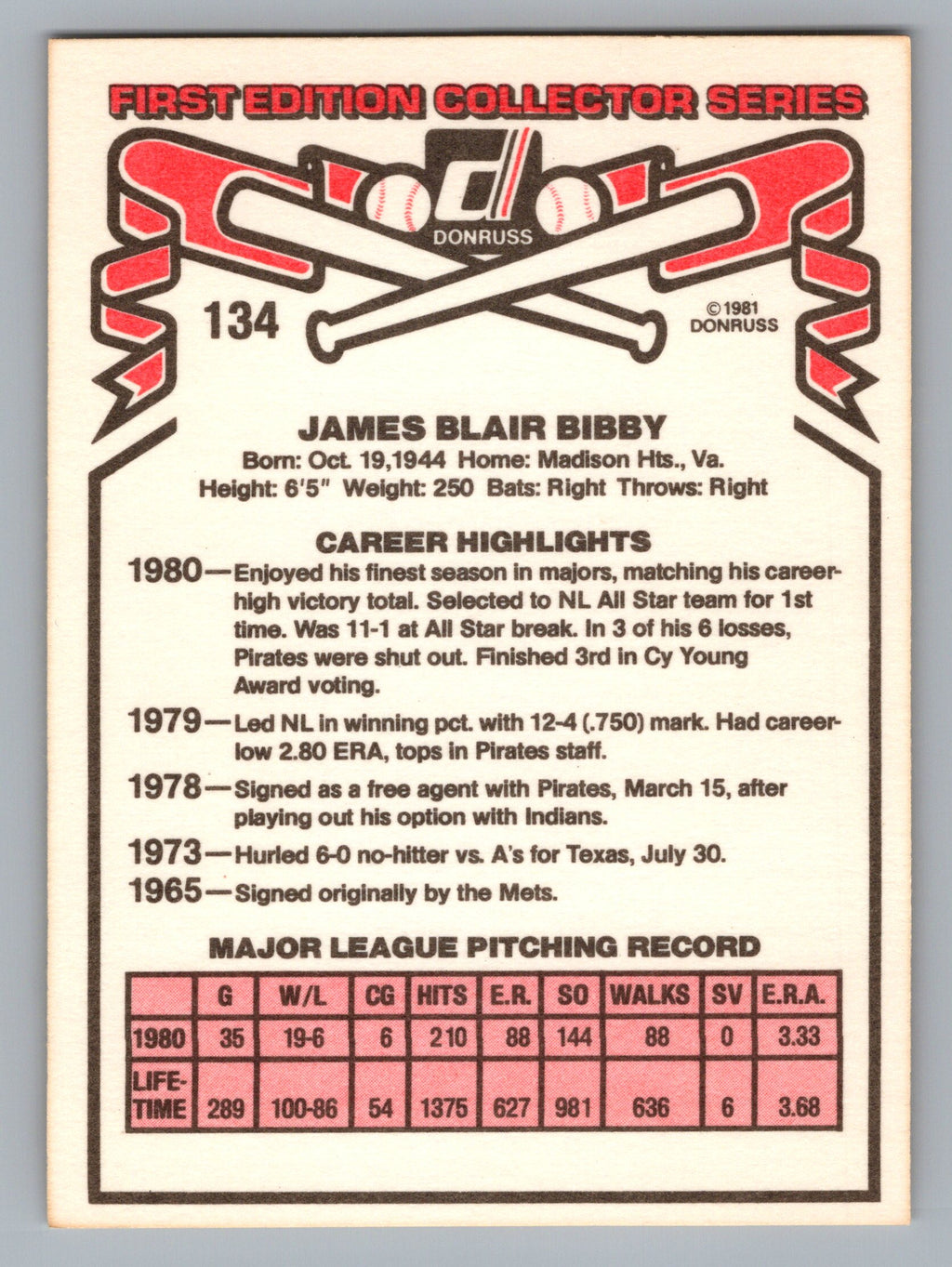 1981 Donruss #134 Jim Bibby
