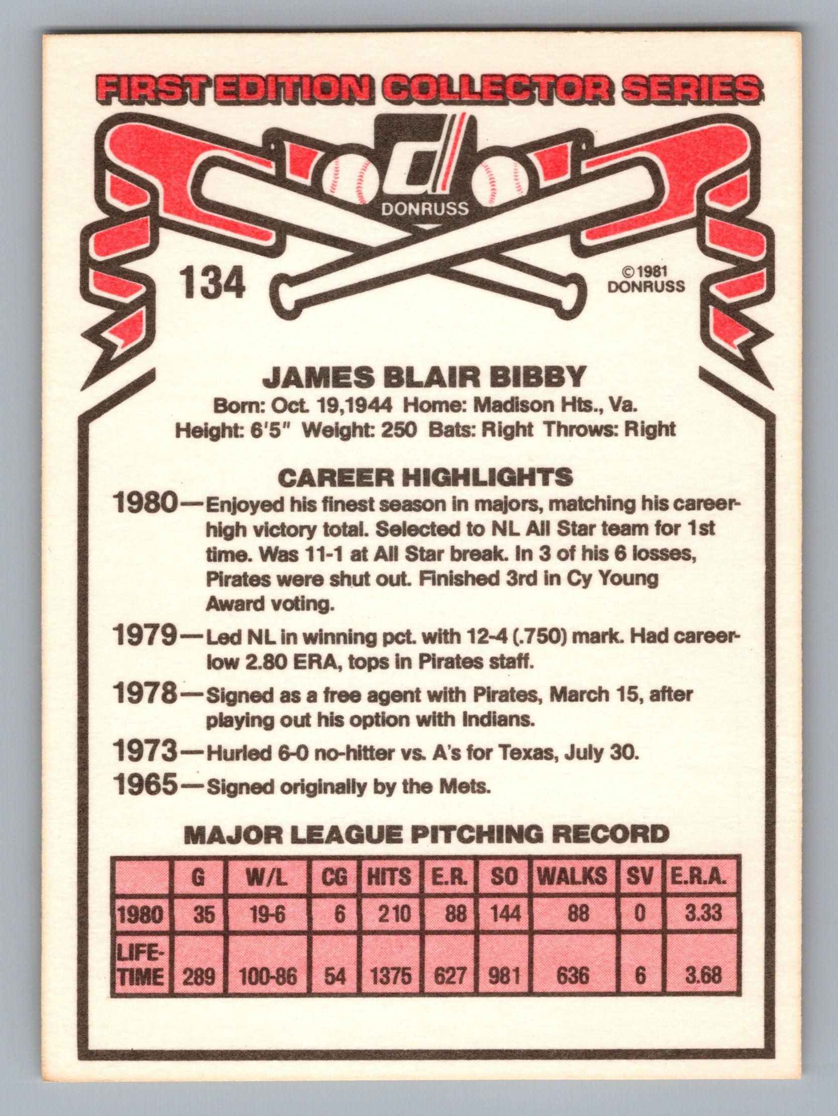1981 Donruss #134 Jim Bibby