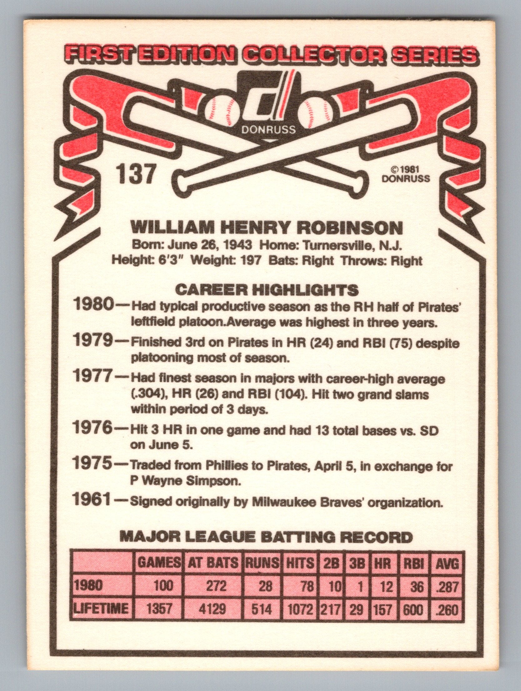 1981 Donruss #137 Bill Robinson