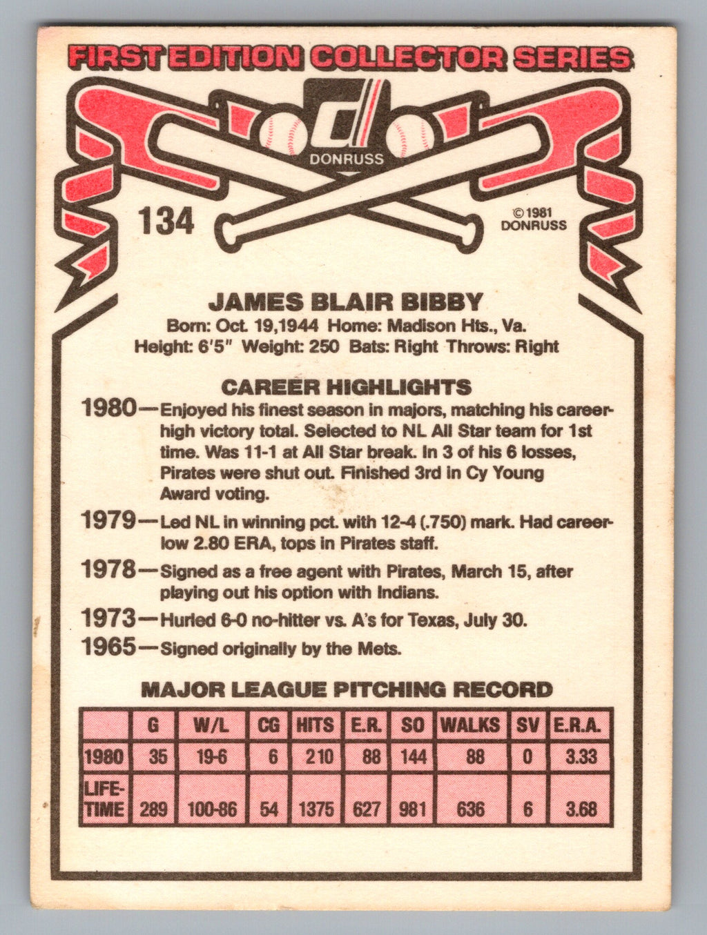 1981 Donruss #134 Jim Bibby