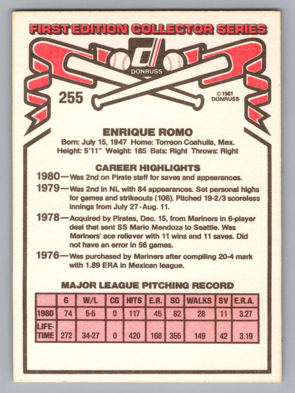 1981 Donruss #255 Enrique Romo