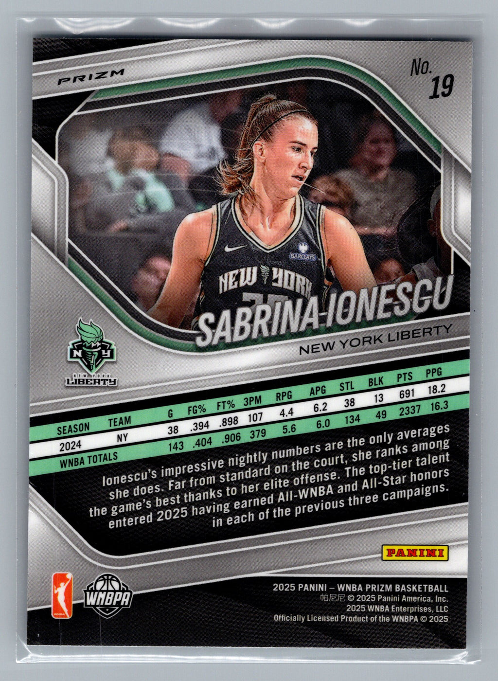2025 Panini Prizm WNBA #19 Sabrina Ionescu Silver Prizms