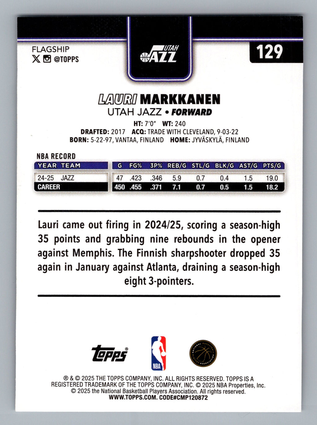 2025-26 Topps #129 Lauri Markkanen Sandglitter