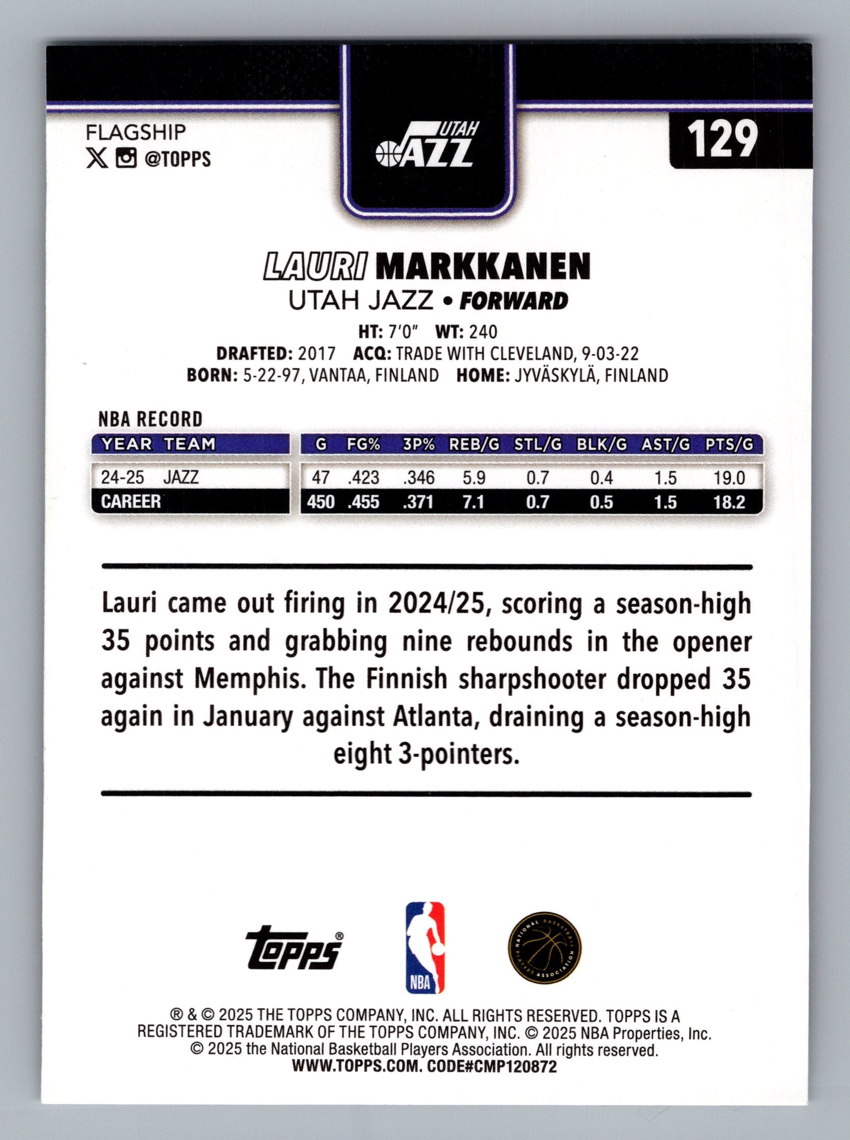 2025-26 Topps #129 Lauri Markkanen Sandglitter
