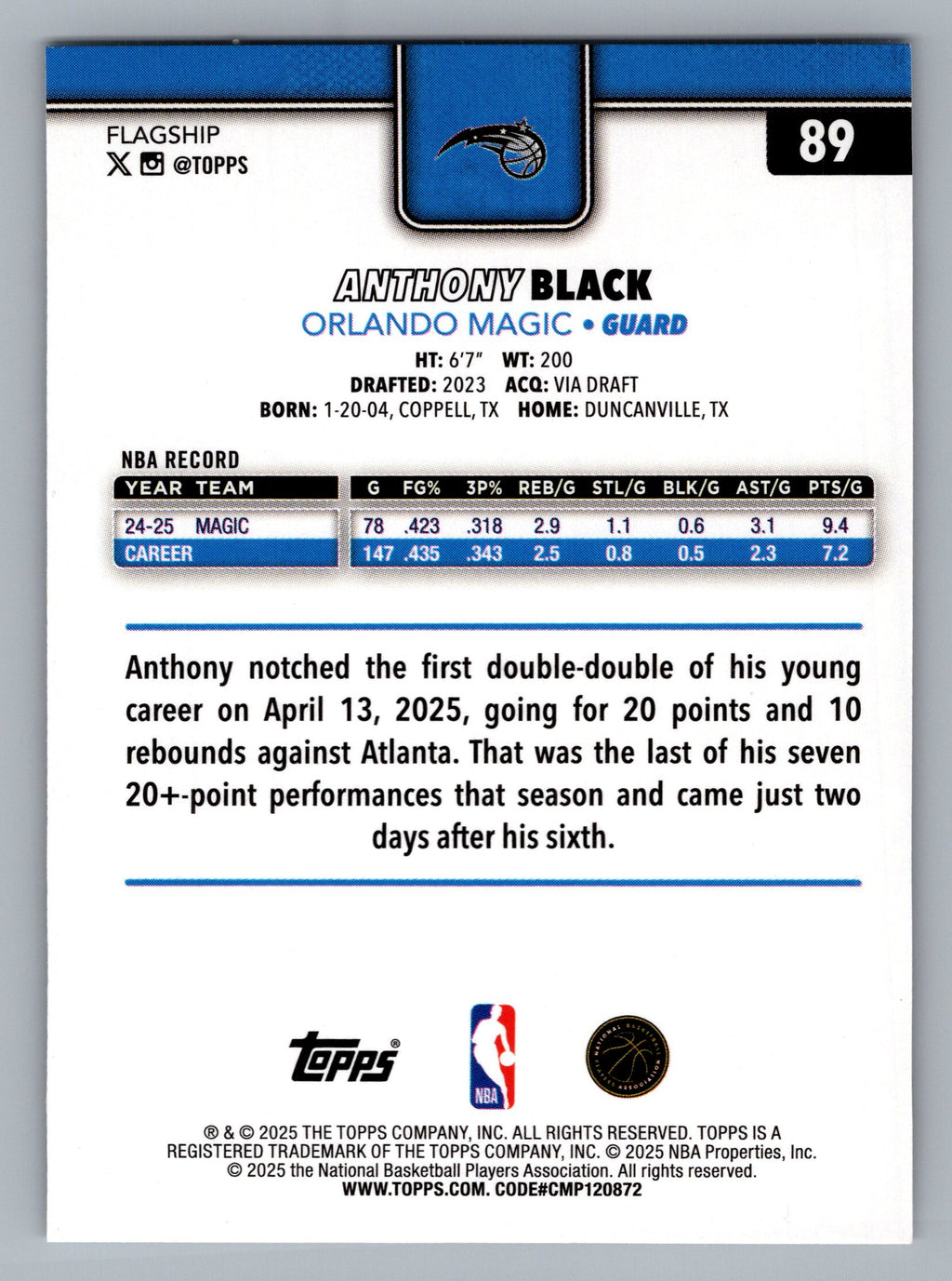 2025-26 Topps #89 Anthony Black Rainbow Foilboard