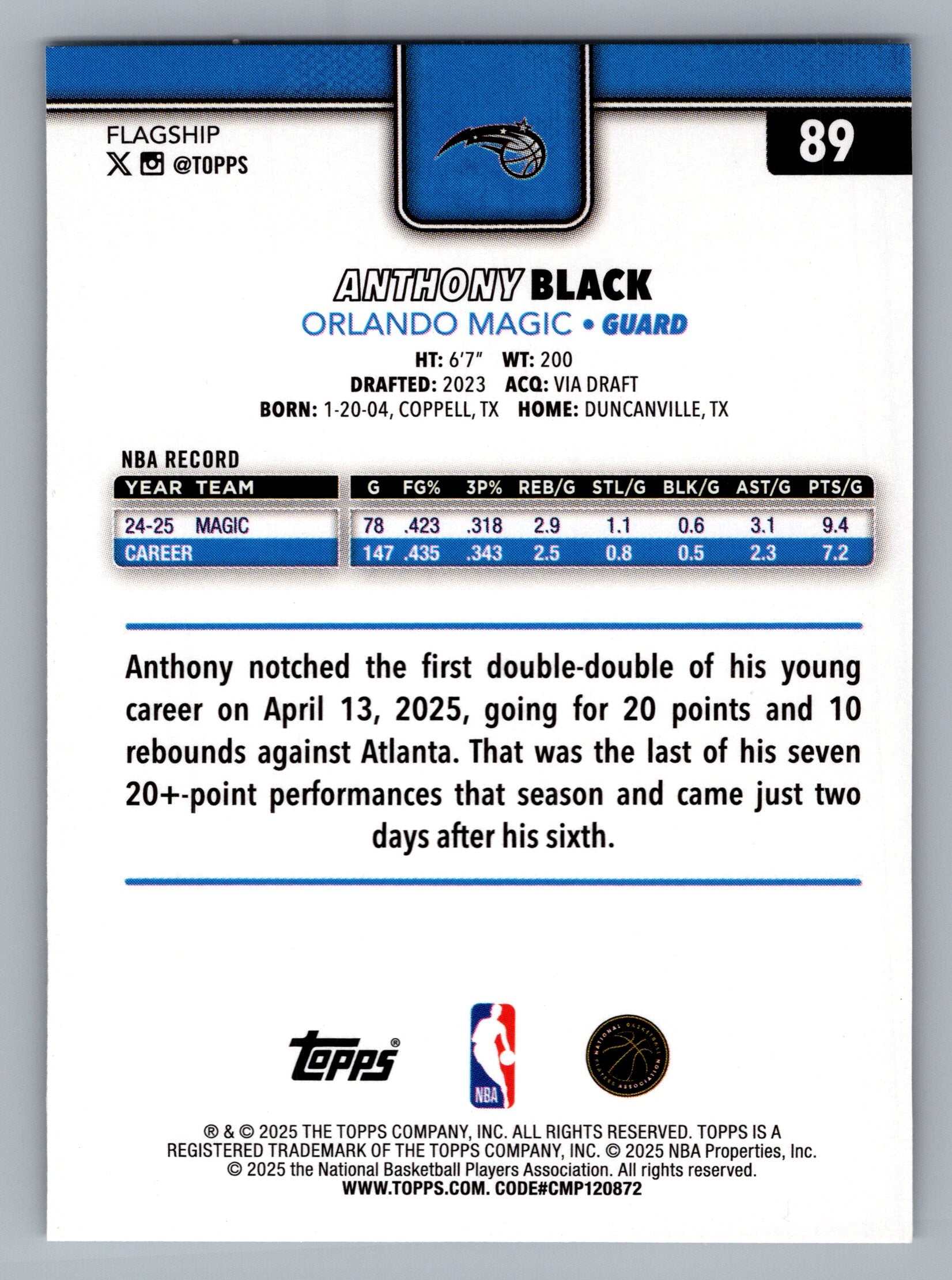 2025-26 Topps #89 Anthony Black Rainbow Foilboard